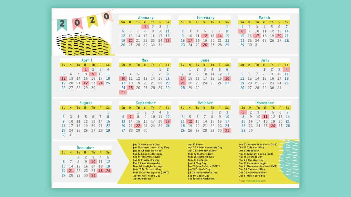 Free Printable 2020 Calendar With Holidays - Free Printables