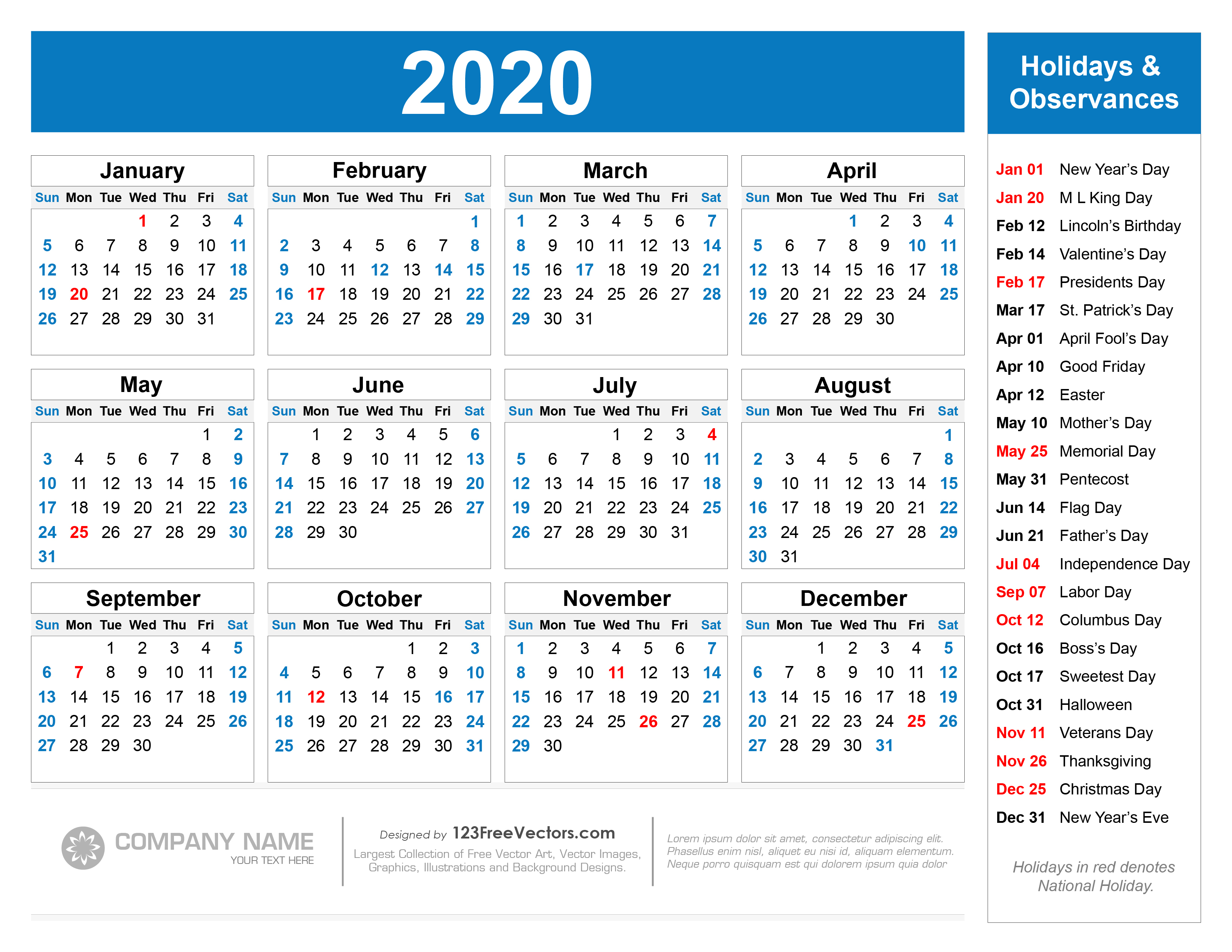 Free Printable 2020 Calendar With Holidays