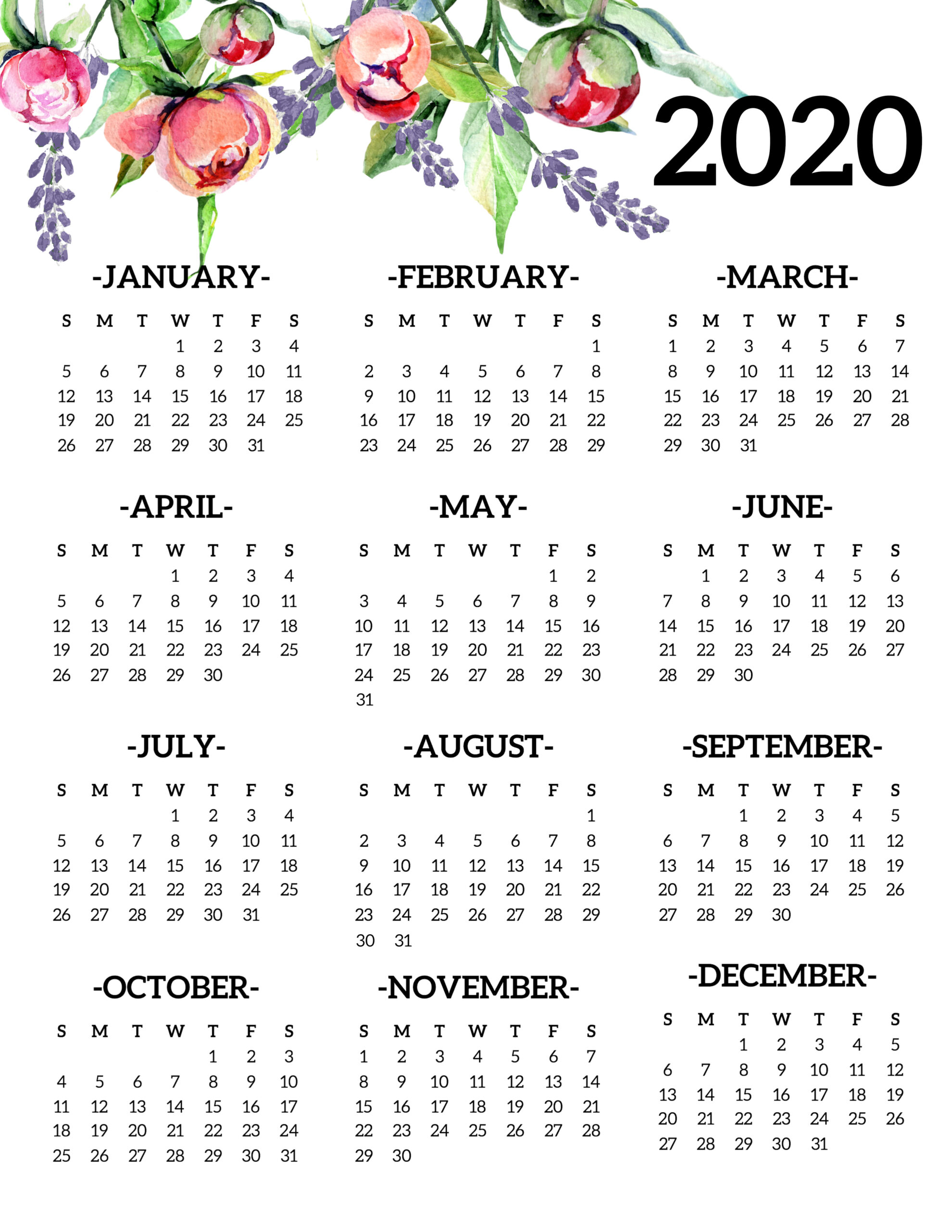 2020 Calendar Print Version