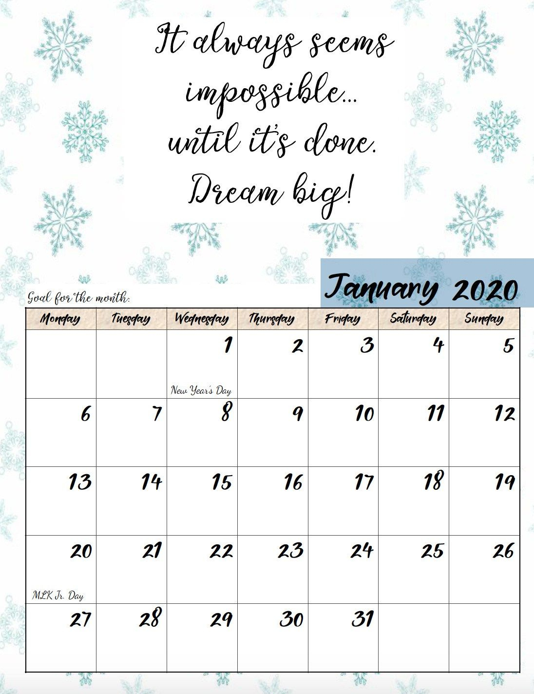 Free Printable 2020 Monday Start Monthly Motivational