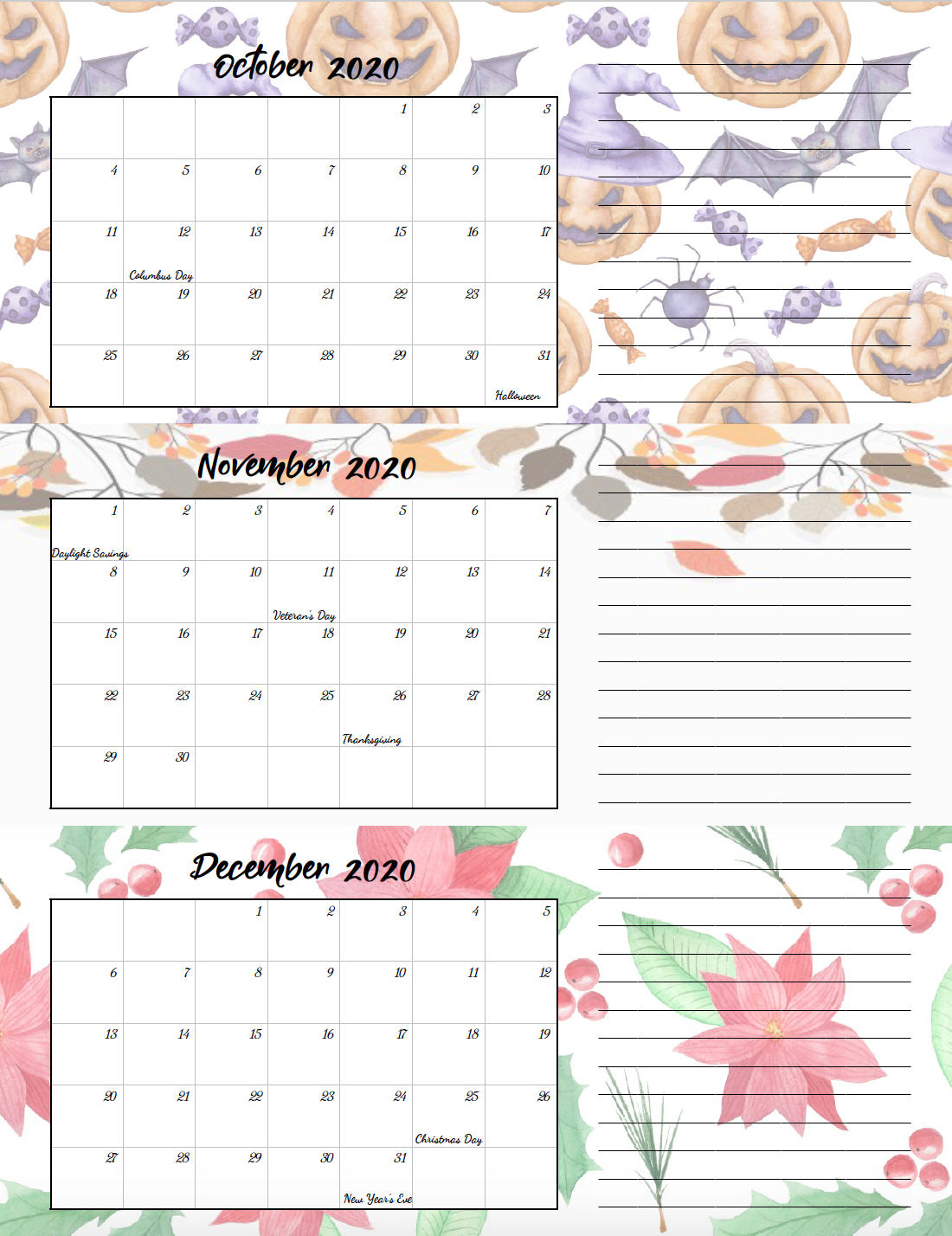 Free Printable 2020 Quarterly Calendars With Holidays: 3
