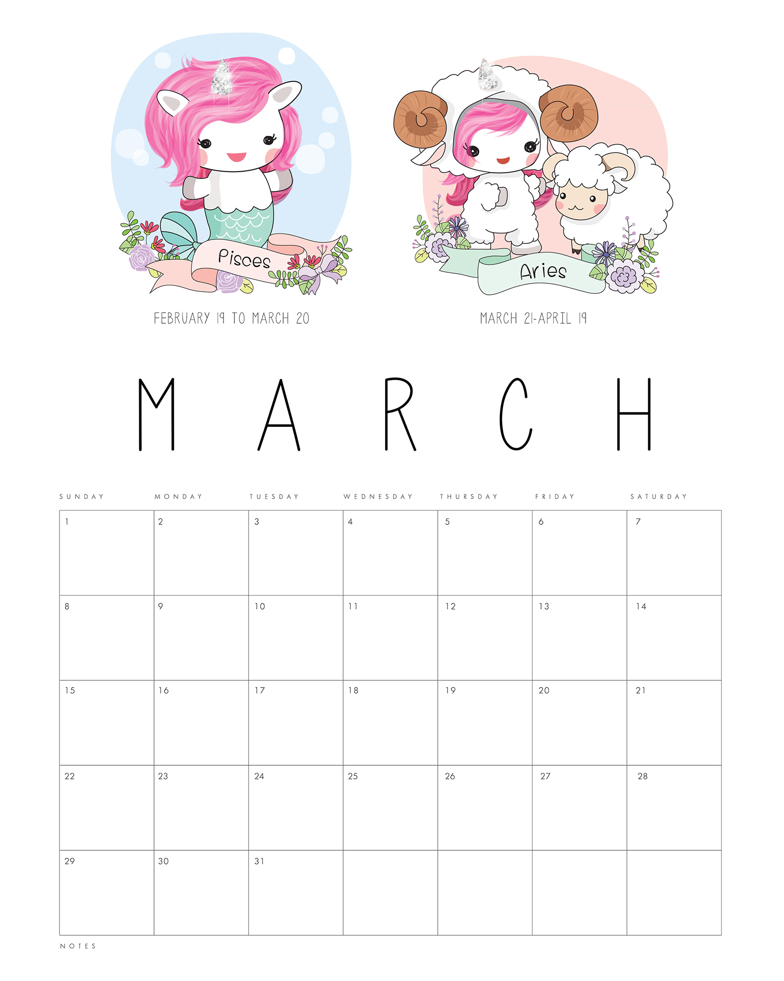 Free Printable 2020 Zodiac Sign Kawaii Unicorn Calendar