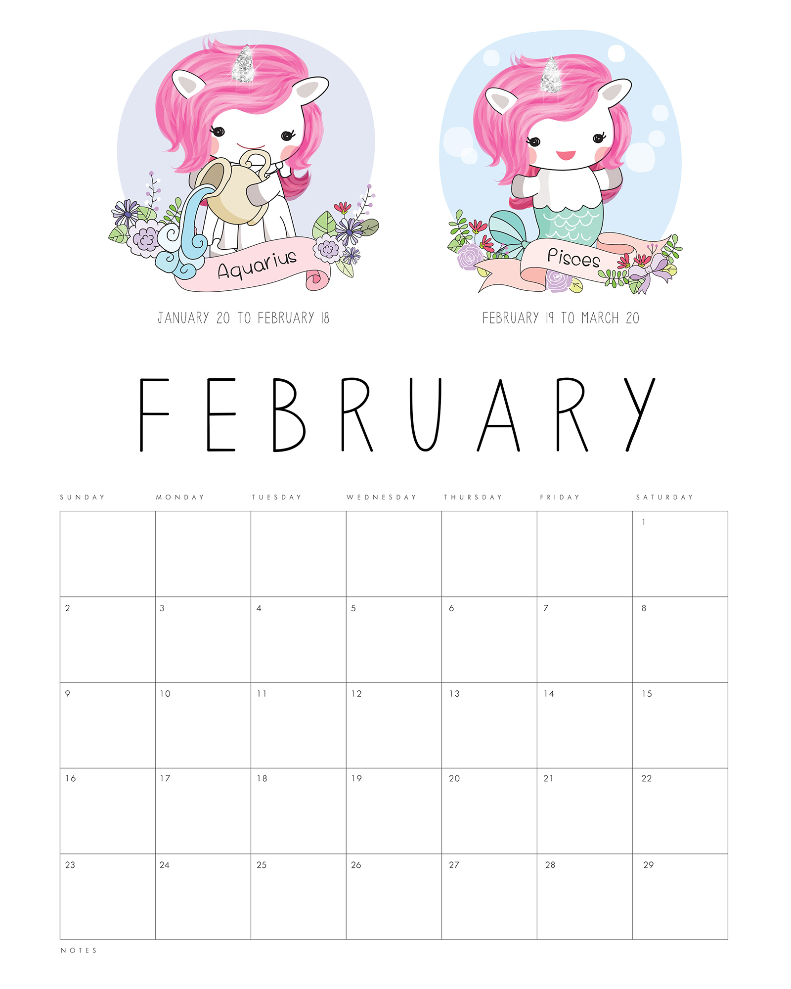 Free Printable 2020 Zodiac Sign Kawaii Unicorn Calendar