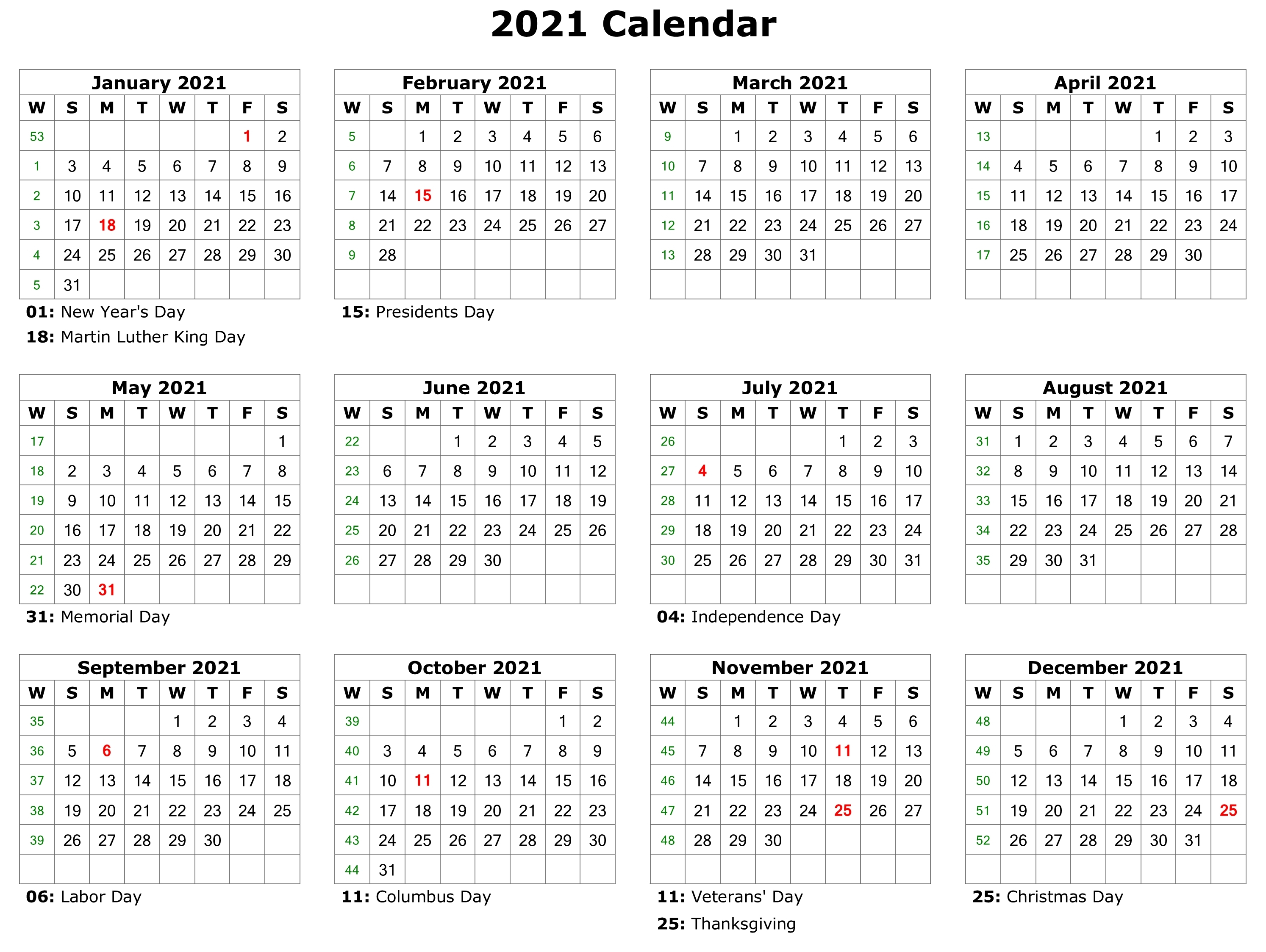 Free Printable 2021 Monthly Calendar With Holidays Word Pdf