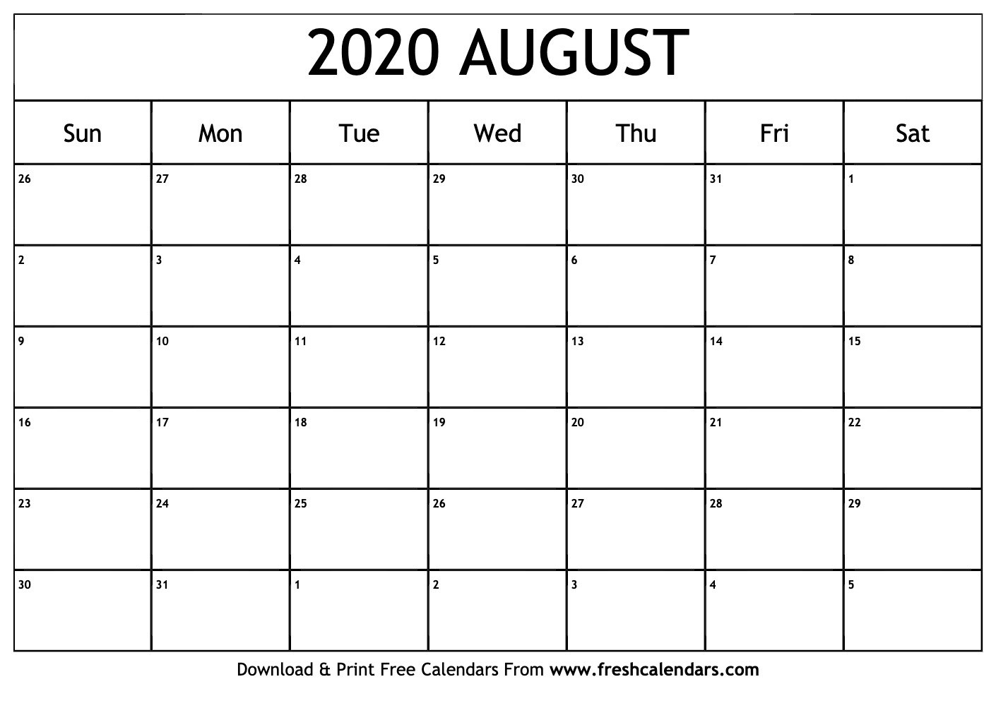 Free Printable August 2020 Calendar