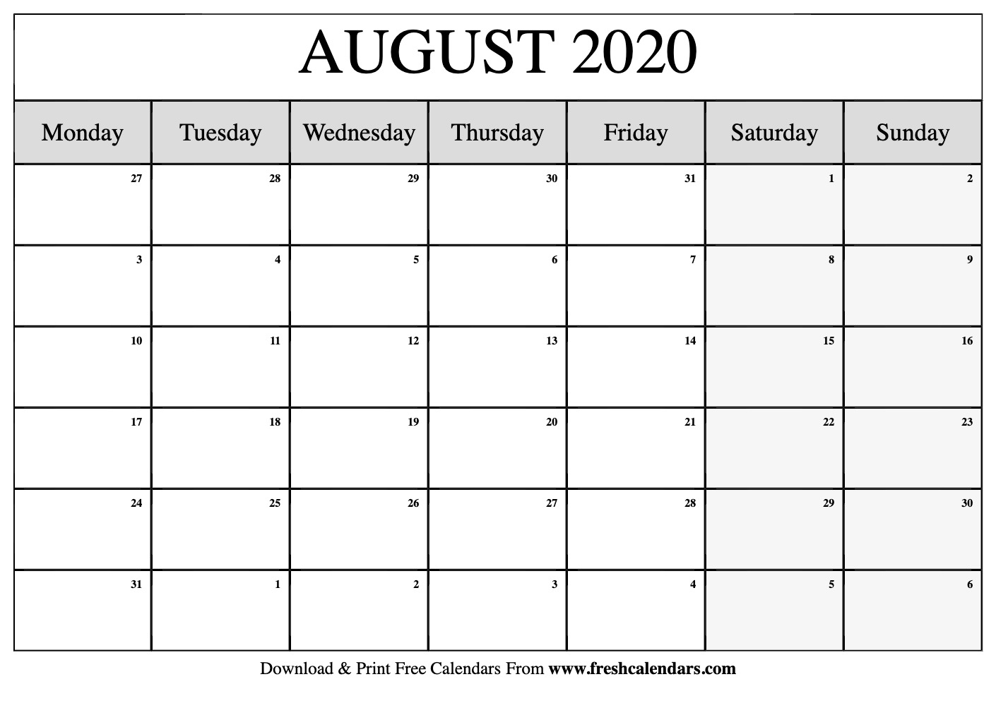 Free Printable August 2020 Calendar