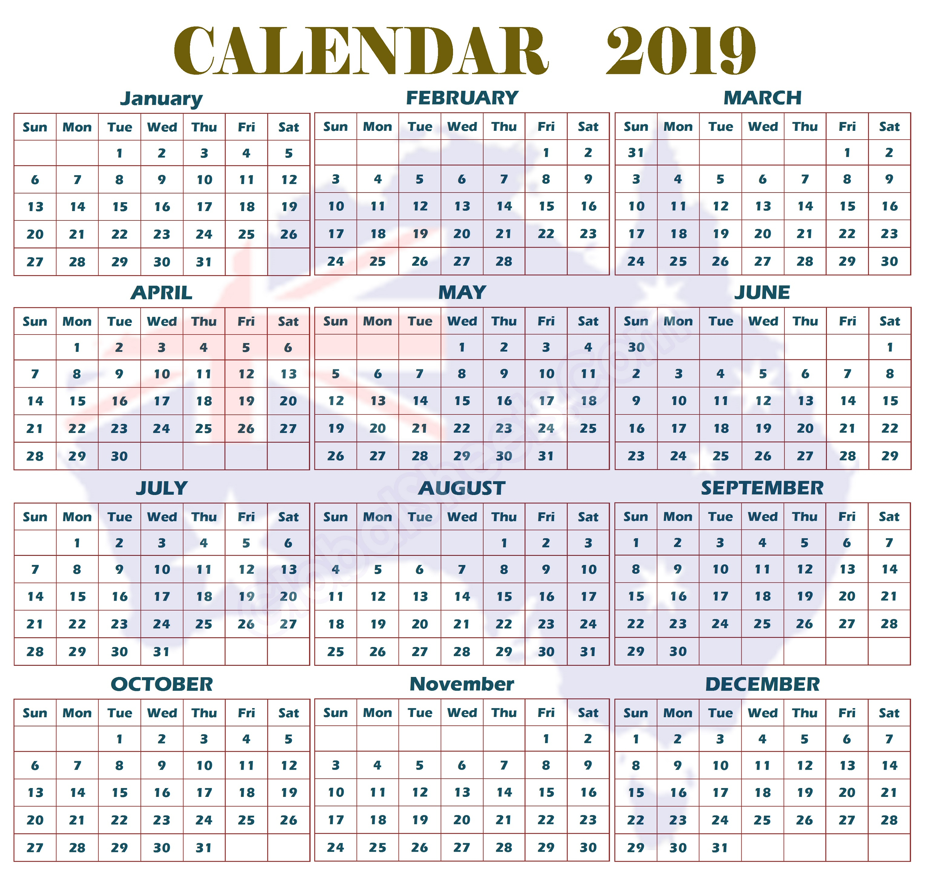 Free Printable Calendar 2019 | Calendar Shelter