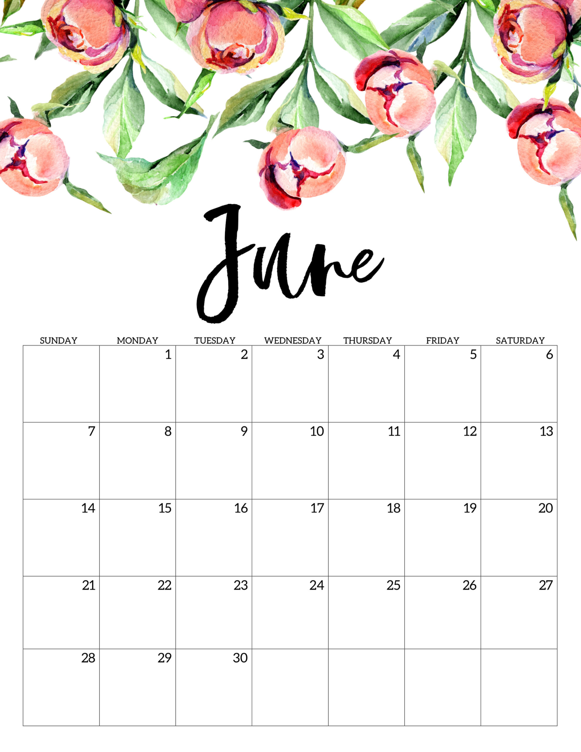 Free Printable Floral Calendar