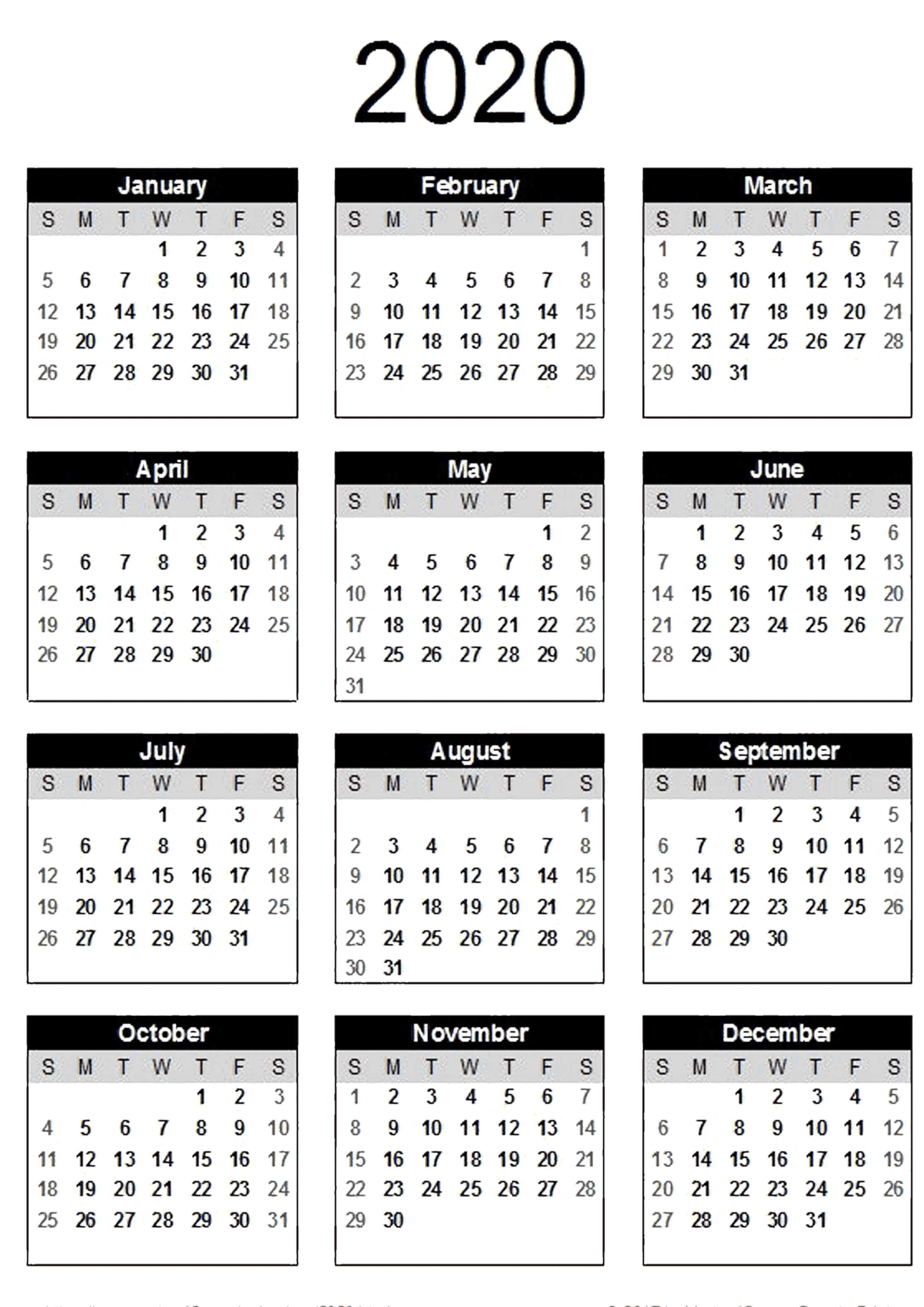 Free Printable Calendar 2020 Template In Pdf, Word, Excel