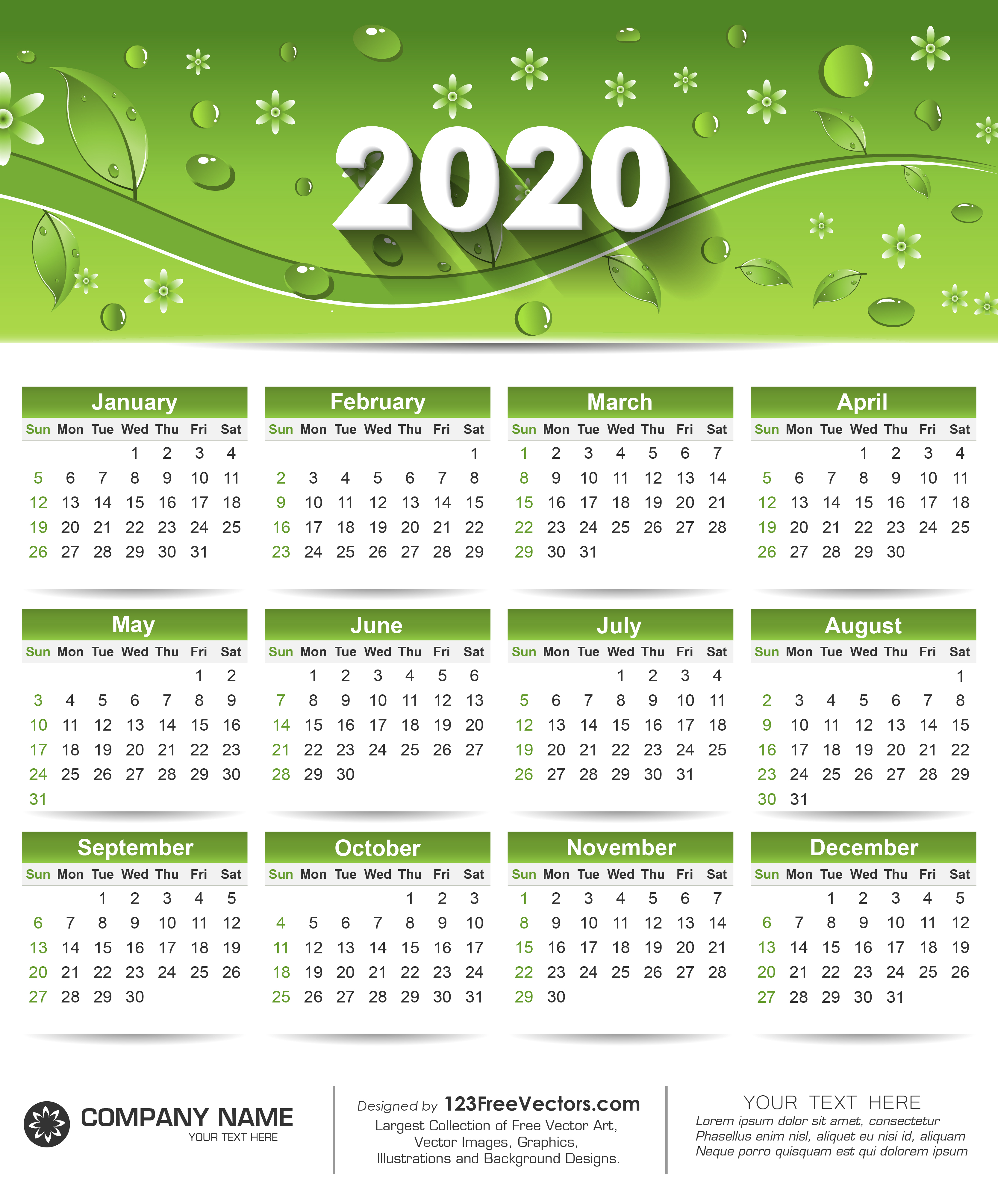 Free Printable Calendar 2020 With Green Leaves