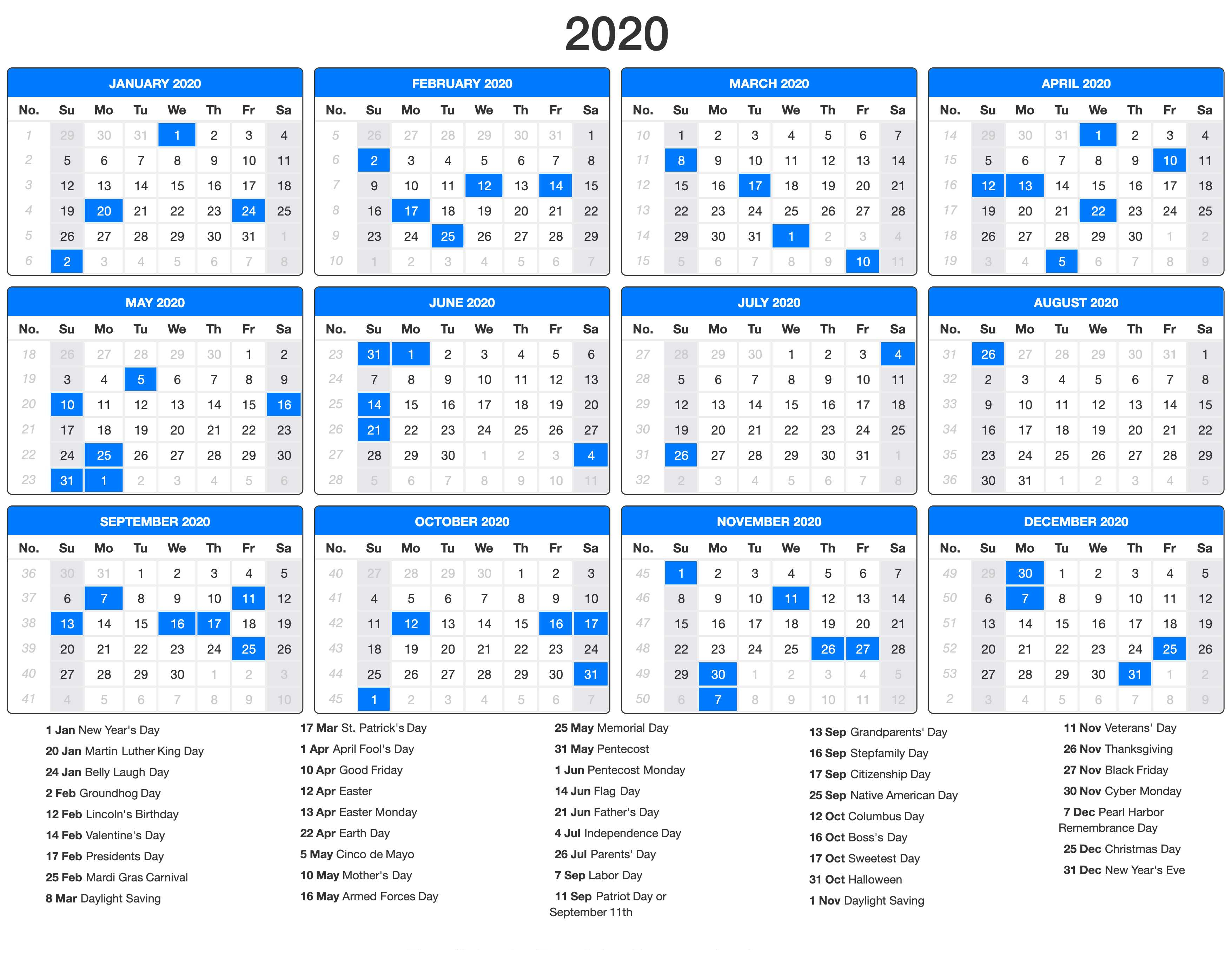 Free Printable Calendar 2020 With Holidays | 12 Month