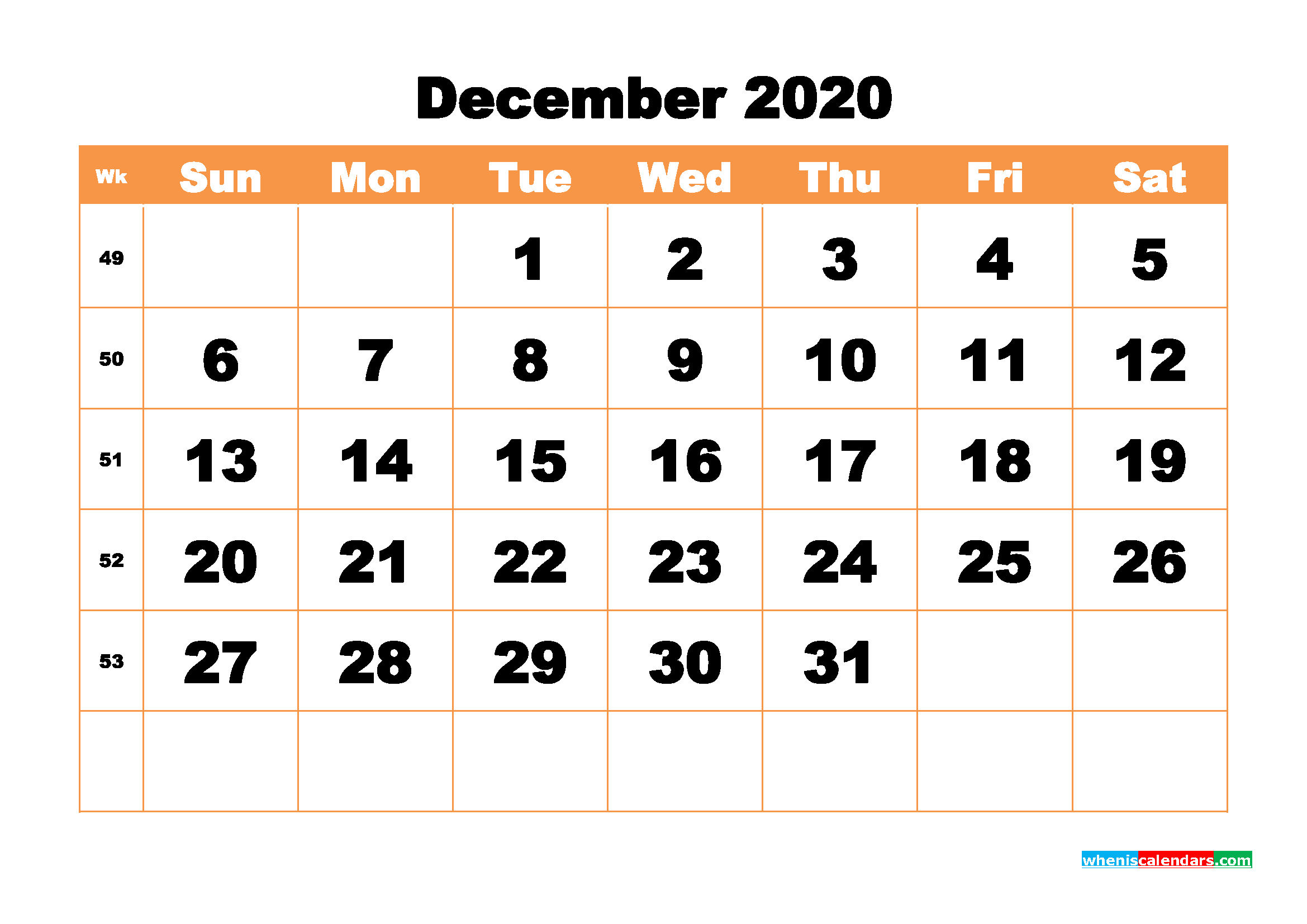 Free Printable Calendar December 2020 Pdf, Word - No.m20B444