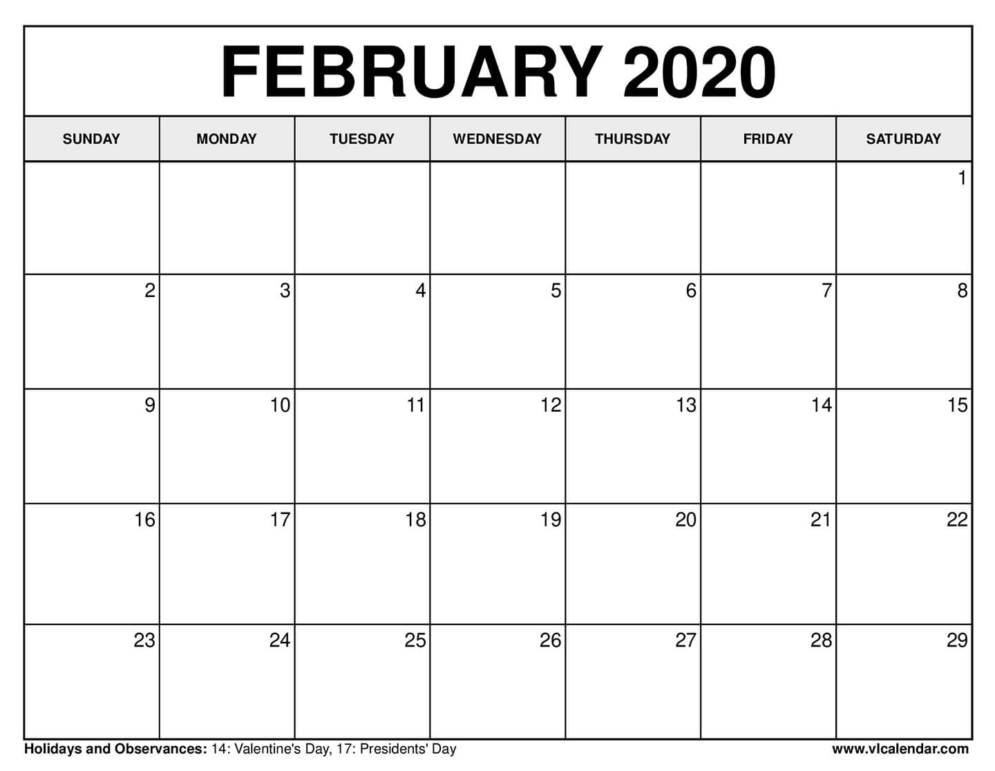 Free Printable Calendar For February 2020