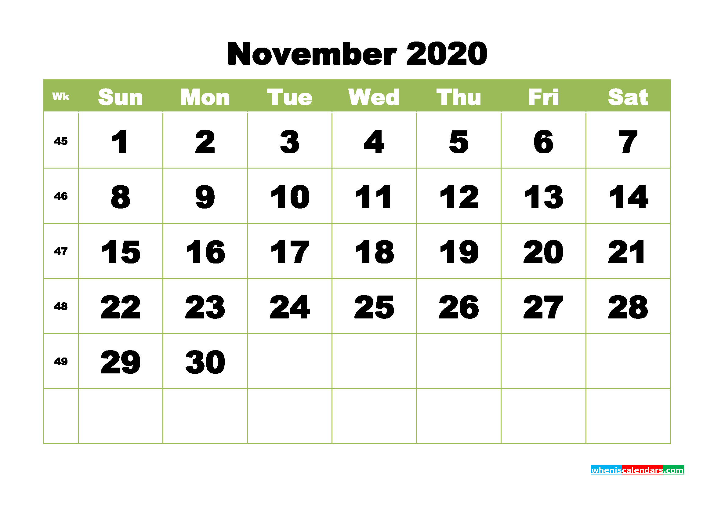 Free Printable Calendar November 2020 Pdf, Word - No.m20B371