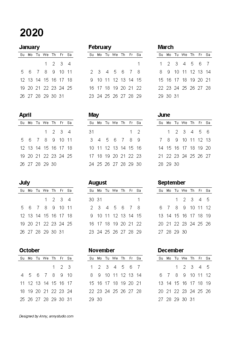 Year View Calendar 2020