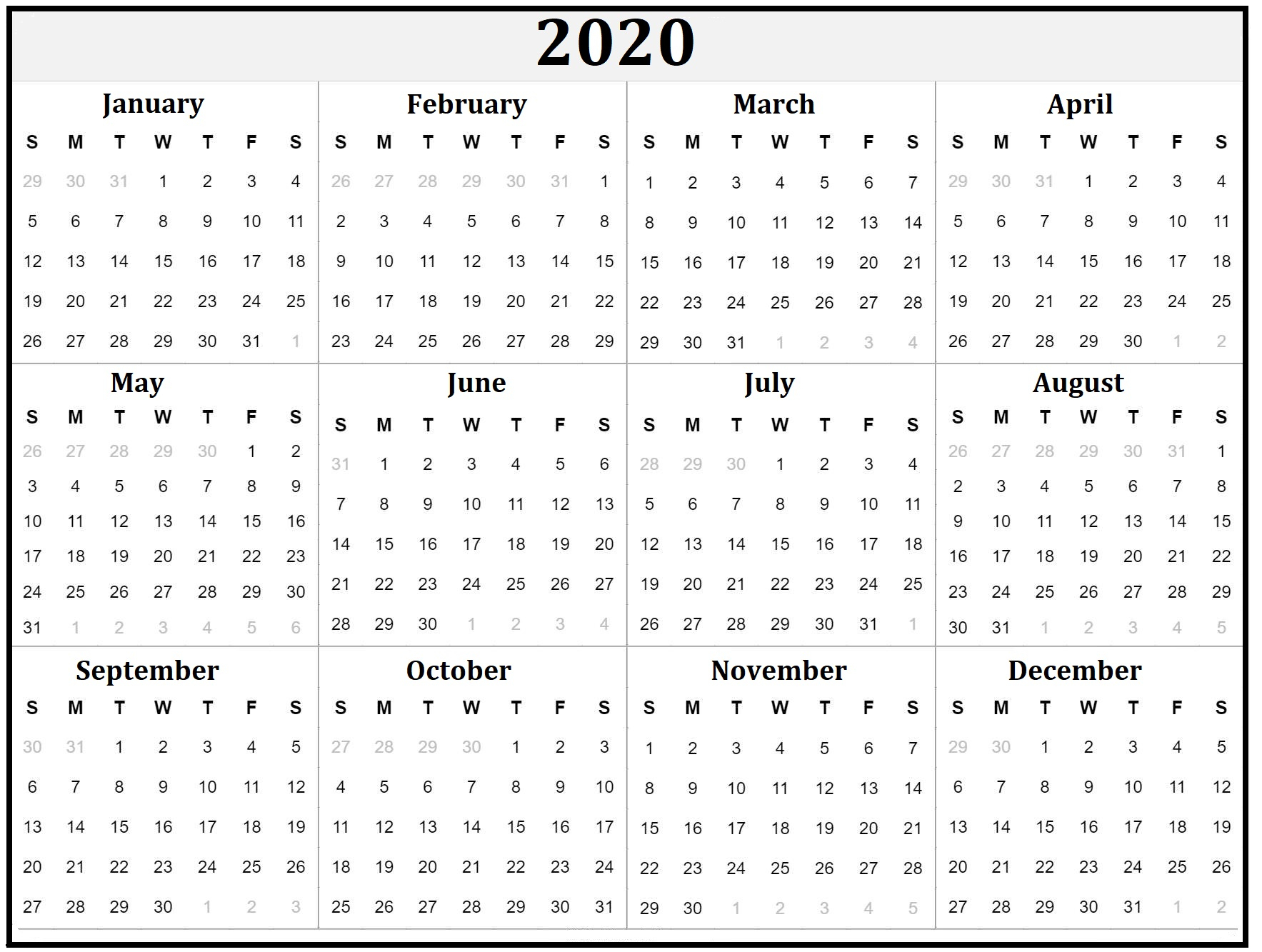 Printable Calendar Printable Calendar 2020 Free Download Yearly