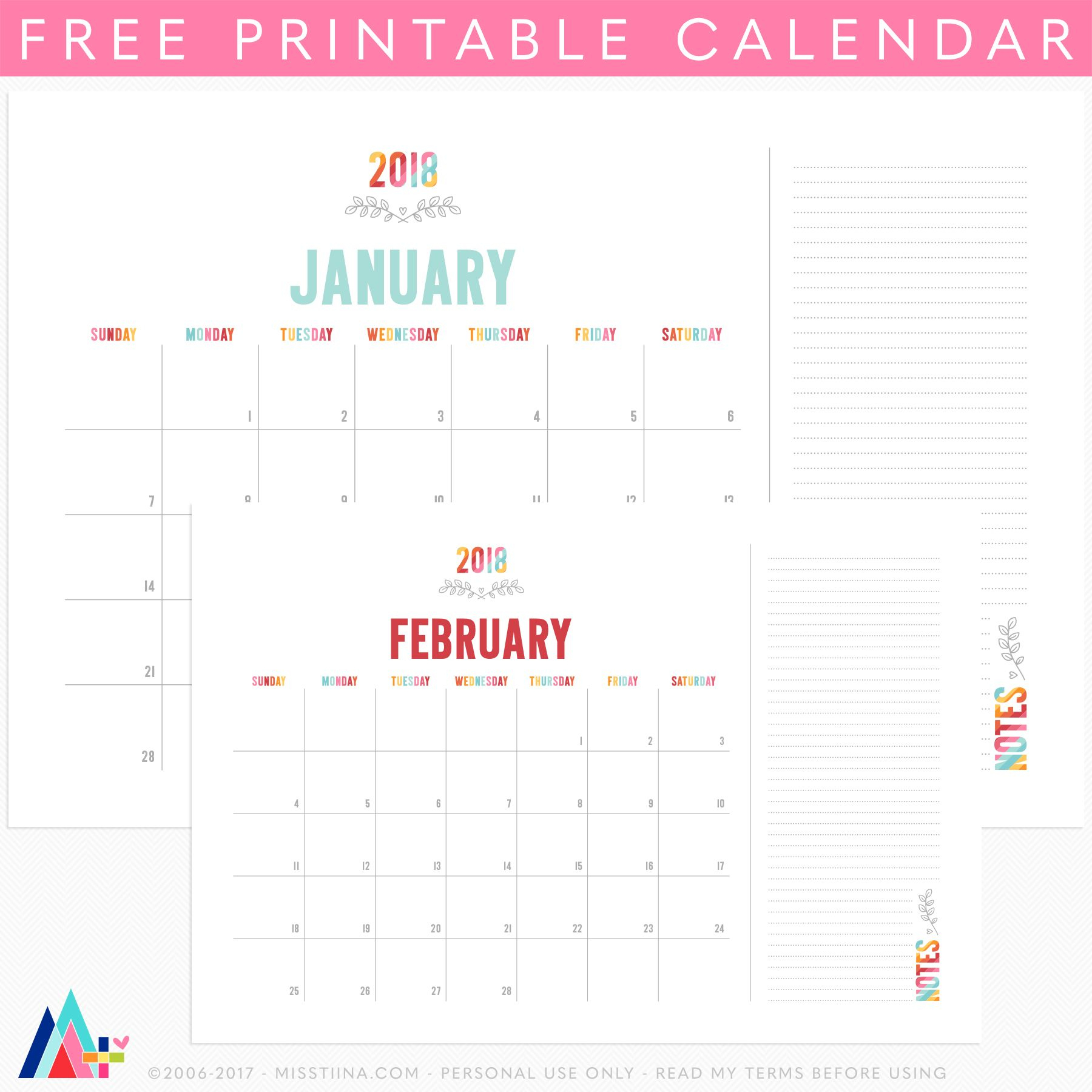 Free {Printable} Colorful 2018 Calendar Big | Free Printable