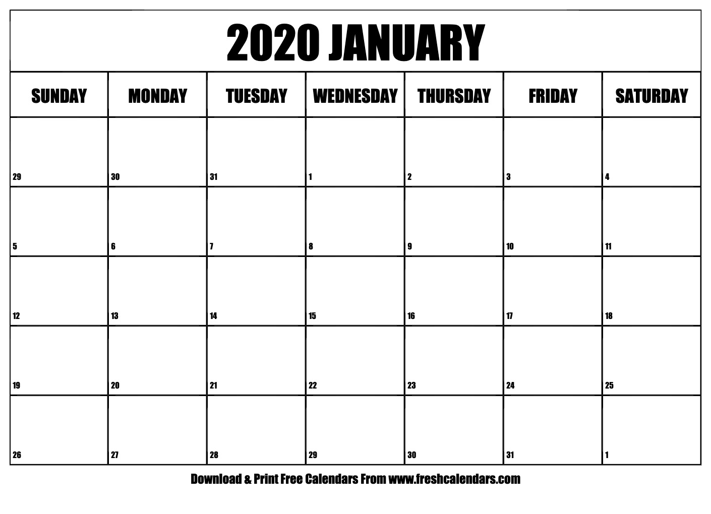 Free Printable January 2020 Calendar