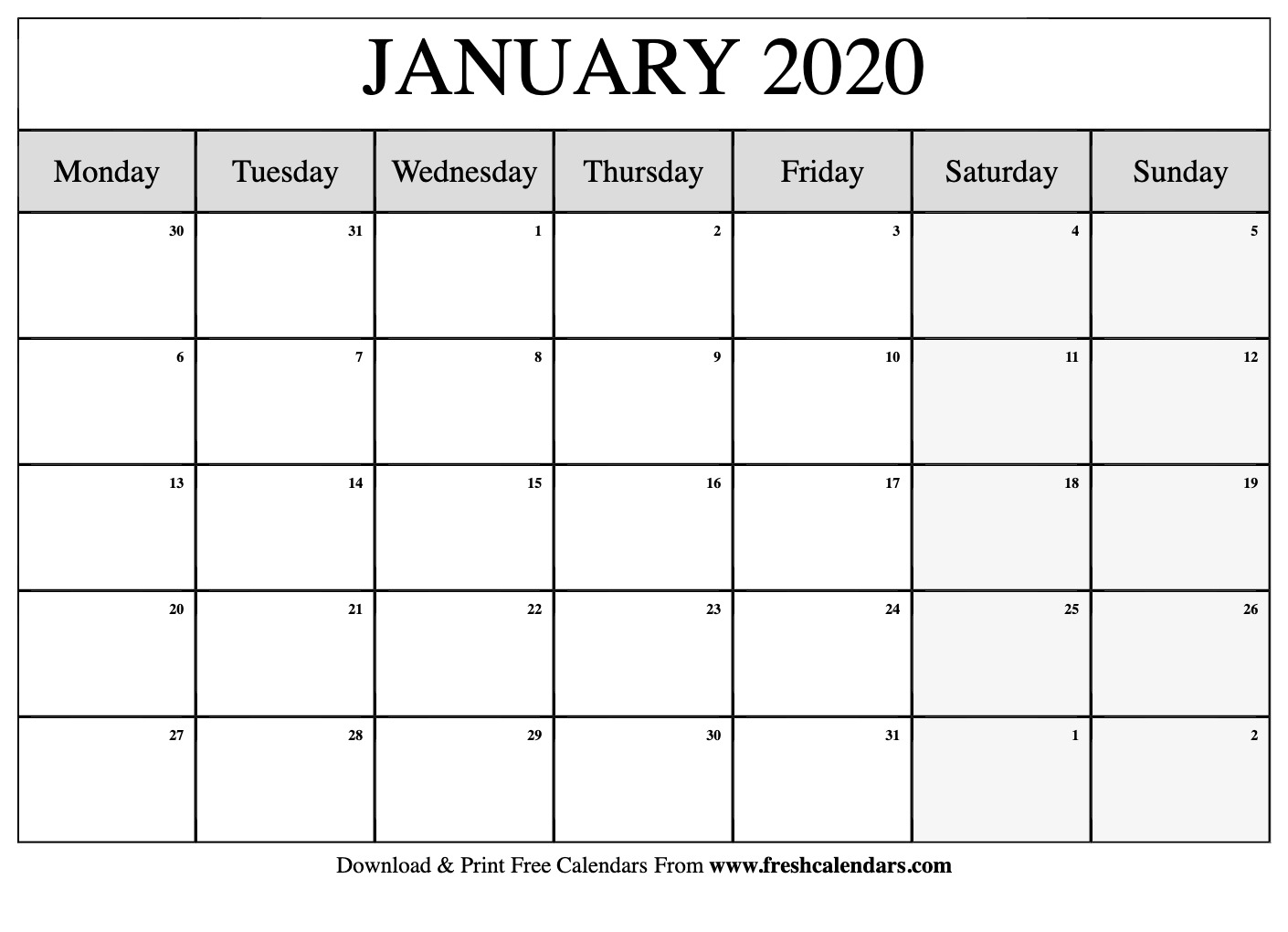 Free Printable January 2020 Calendar