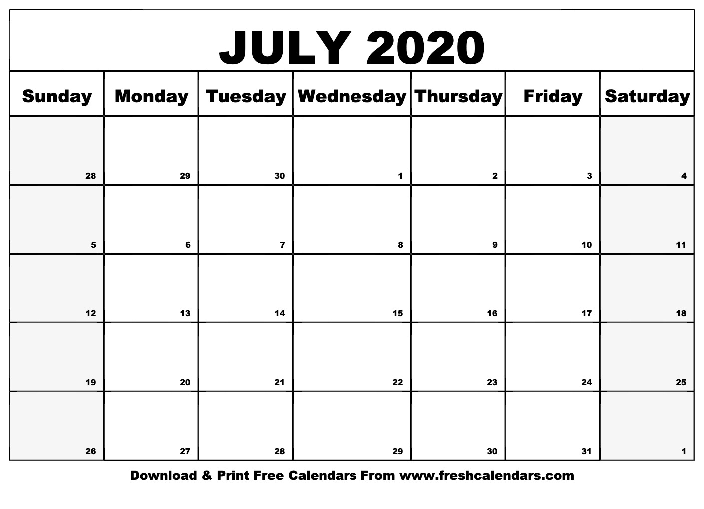 Free Printable July 2020 Calendar