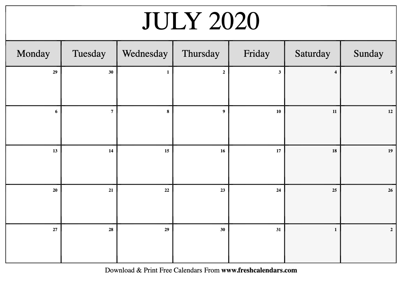 Free Printable July 2020 Calendar