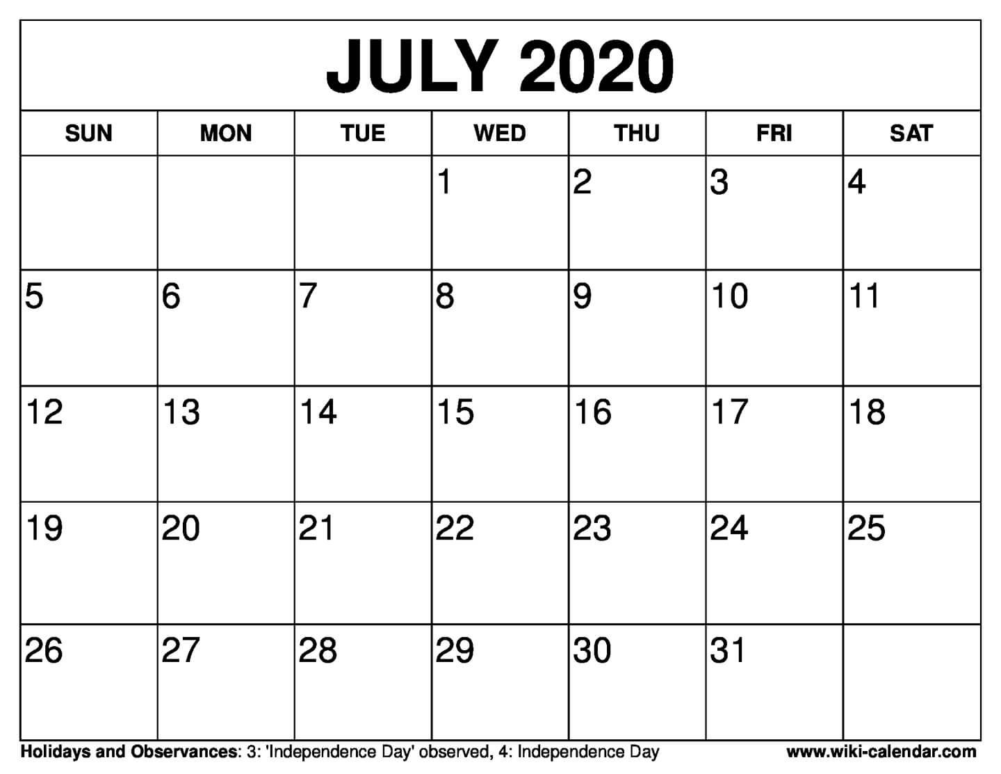 Free Printable July 2020 Calendar