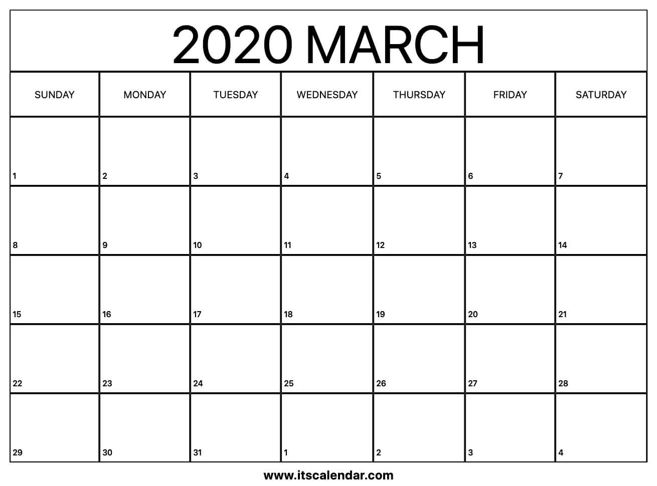 Free Printable March 2020 Calendar