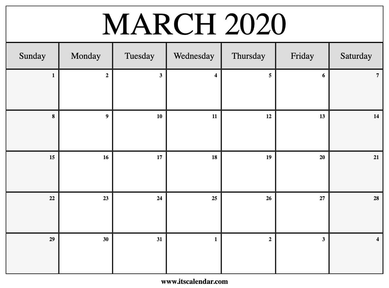 Free Printable March 2020 Calendar