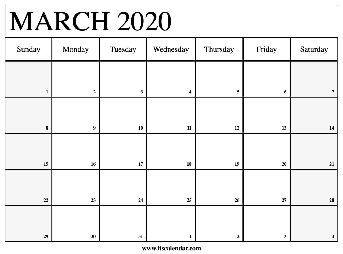 Free Printable March 2020 Calendar