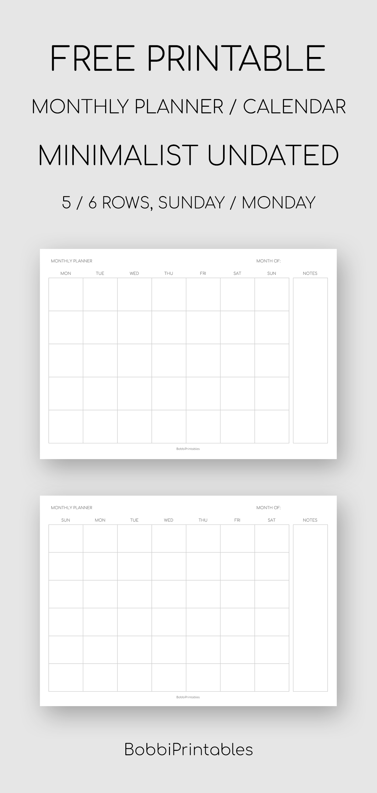 Free Printable Minimalist Monthly Planner / Undated Calendar