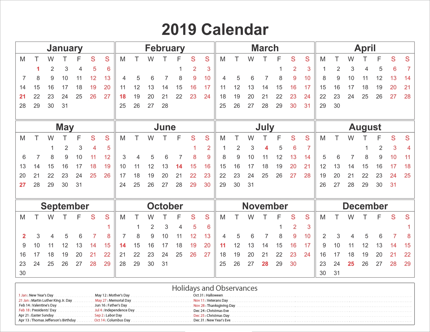 Free Printable Monthly Calendar 2019 Australia - Australia