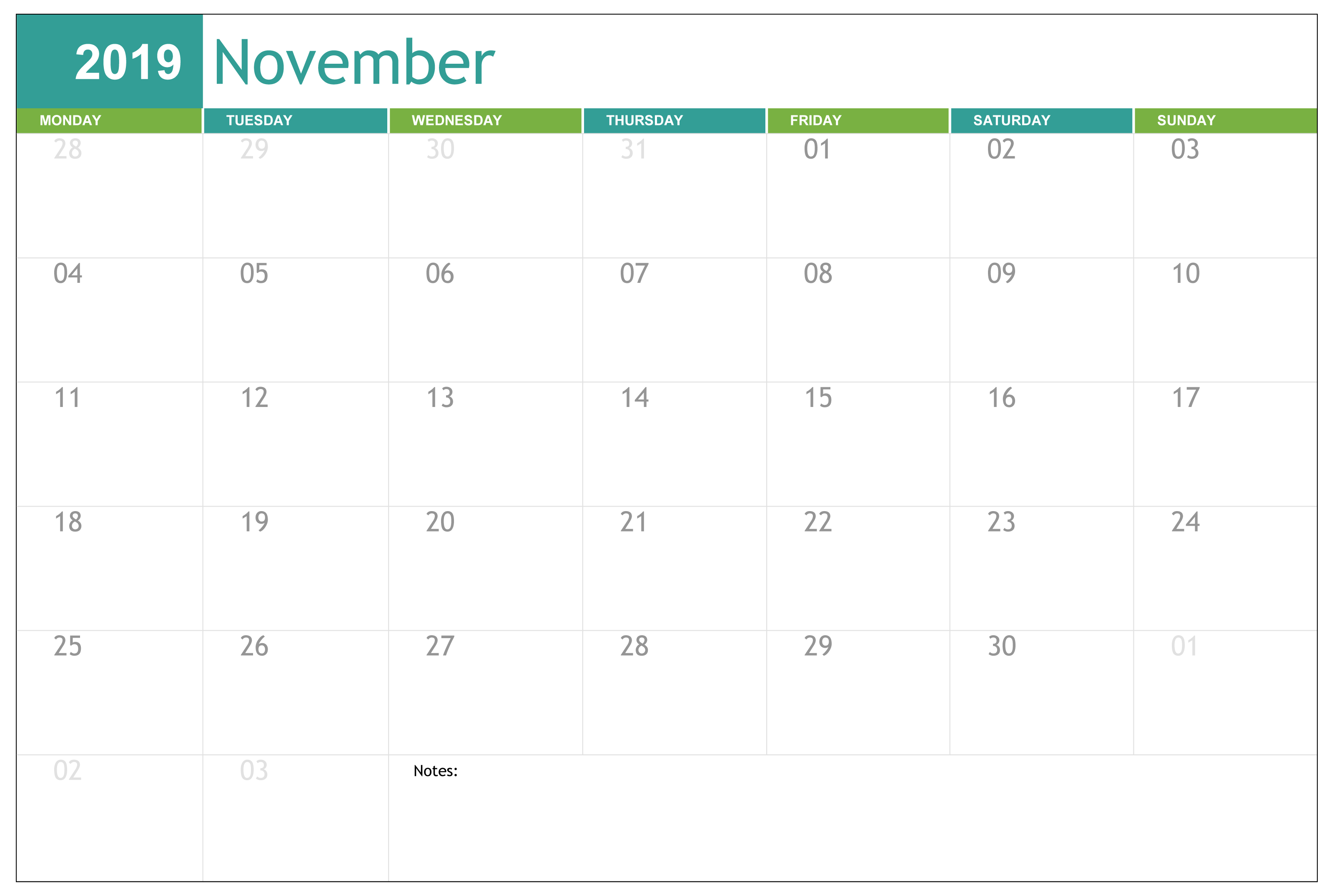 Free Printable November 2019 Calendar Excel - 2019 Calendars