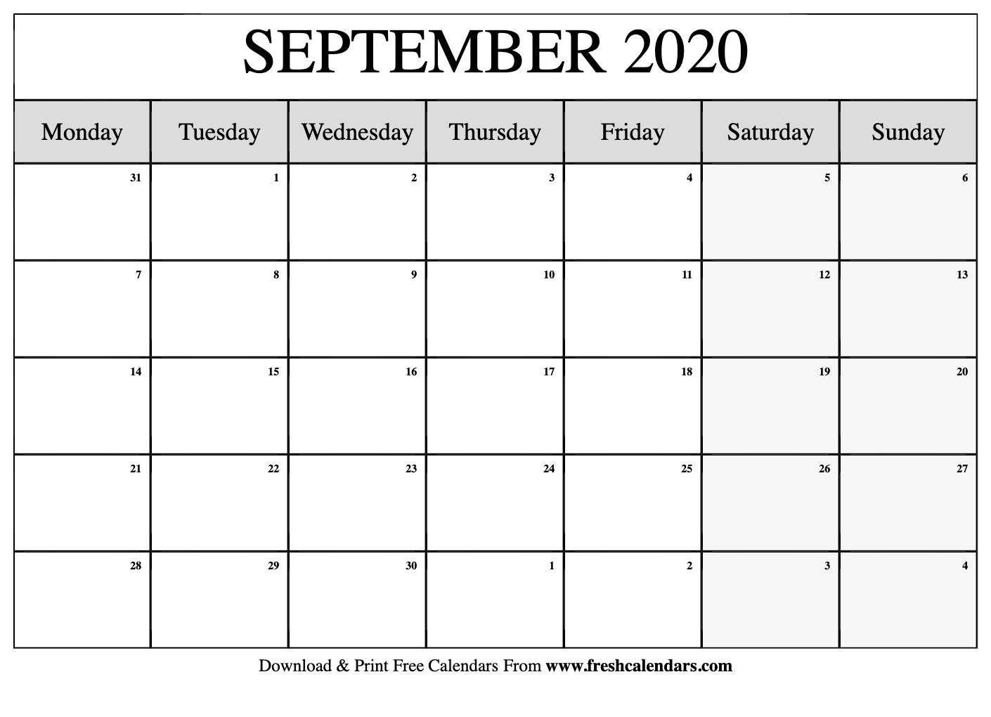 Free Printable September 2020 Calendar