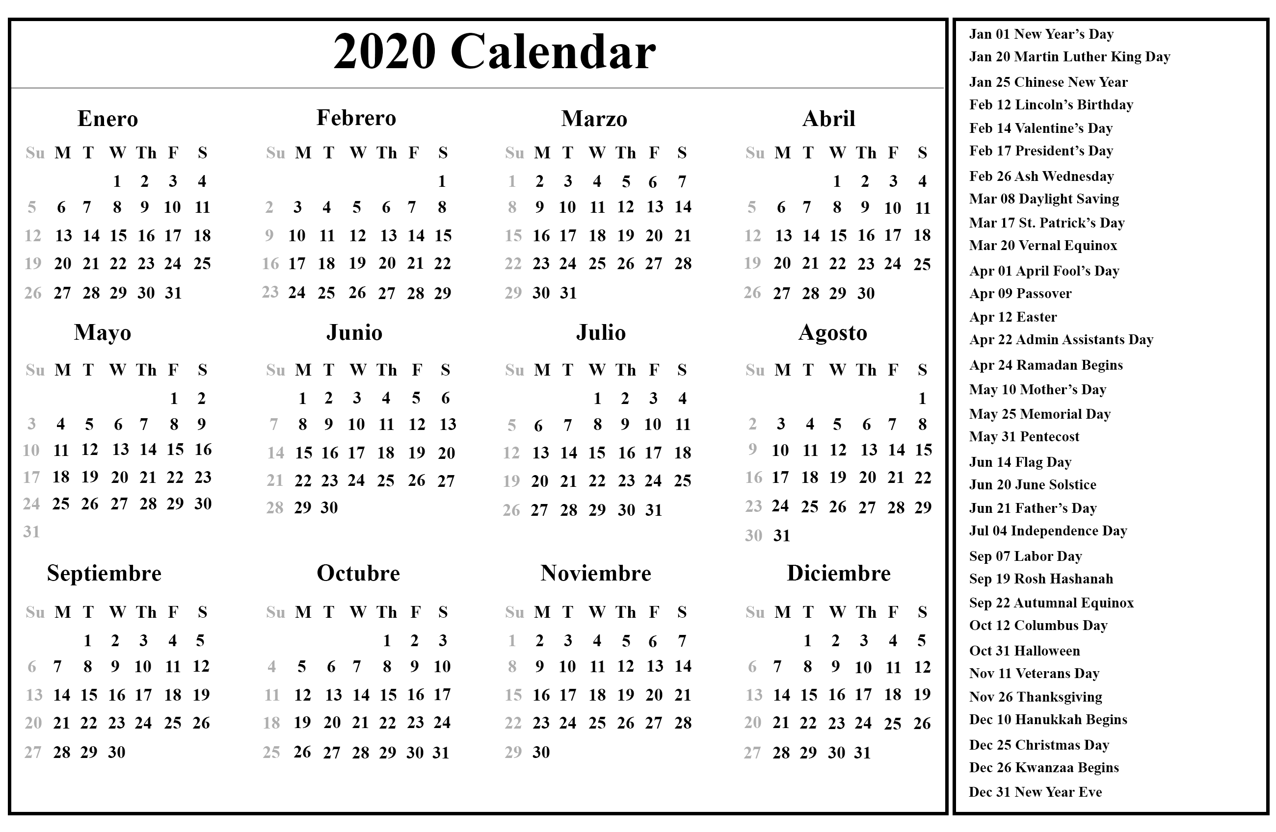 Calendar 2020 In Spanish