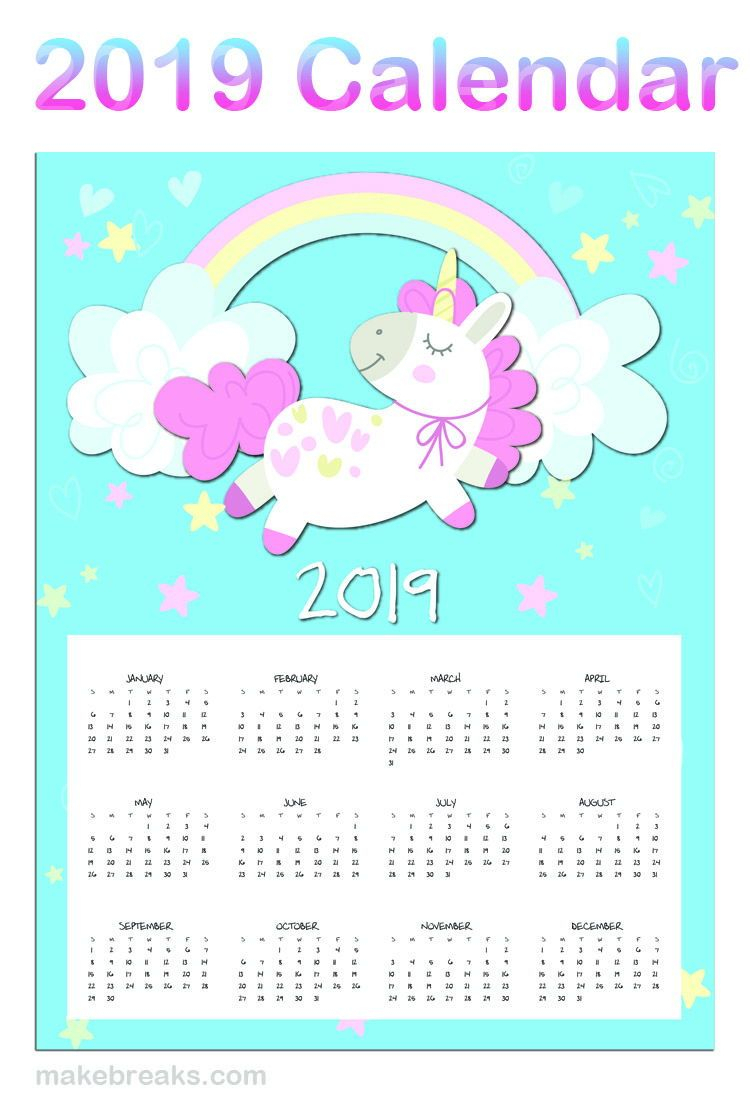 Free Printable Unicorn One Page 2020 Calendar | Unicorn