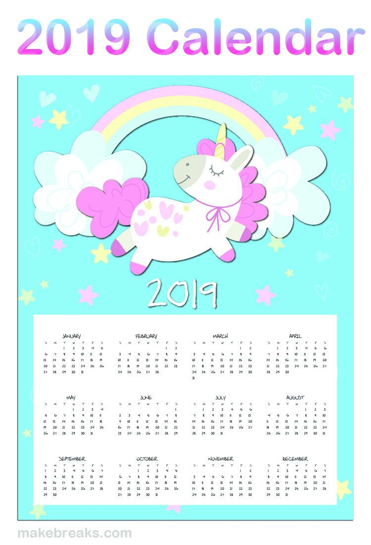 Printable Unicorn Calendar 2020