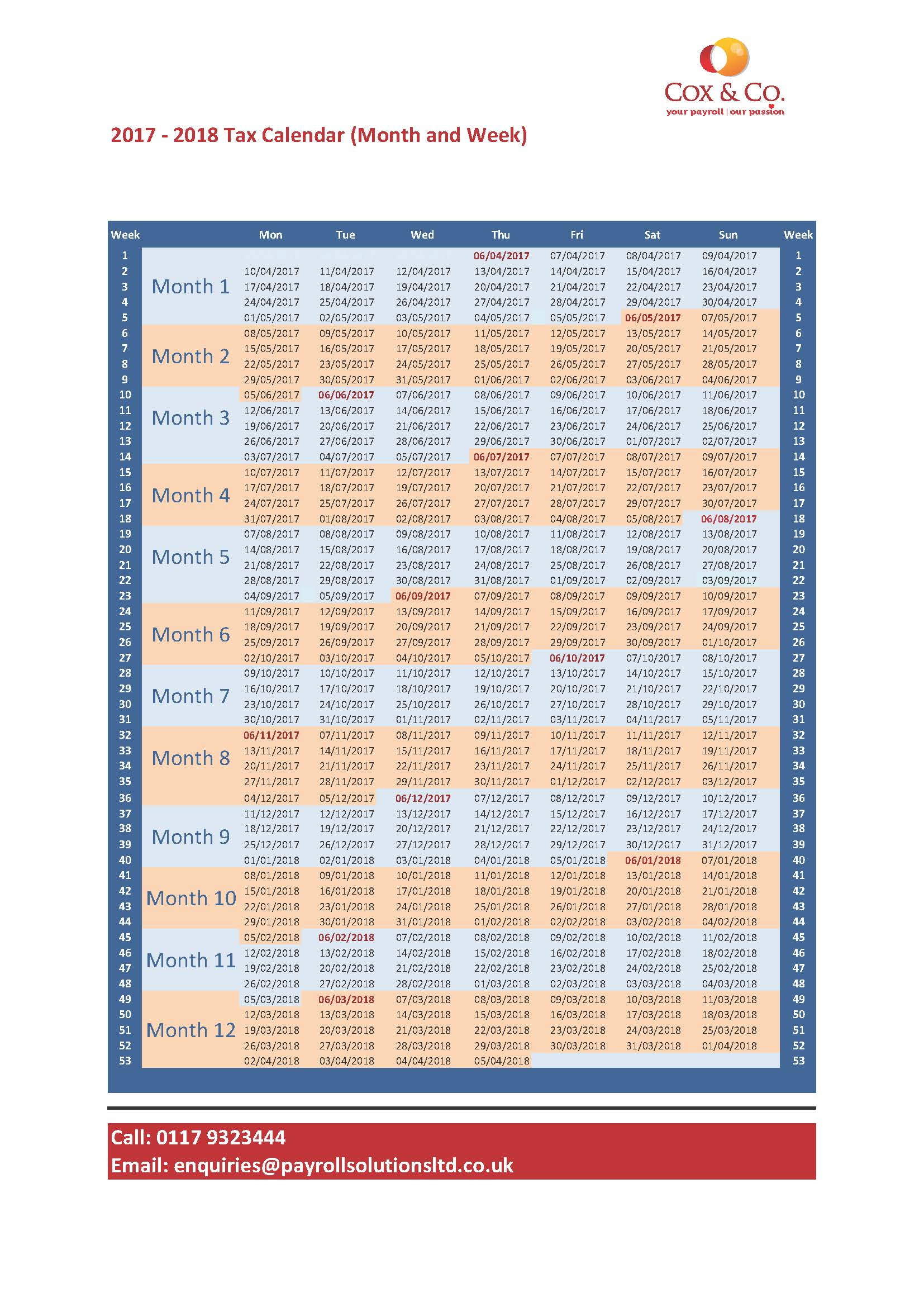 Free Tax Week &amp; Month Payroll Calendar -