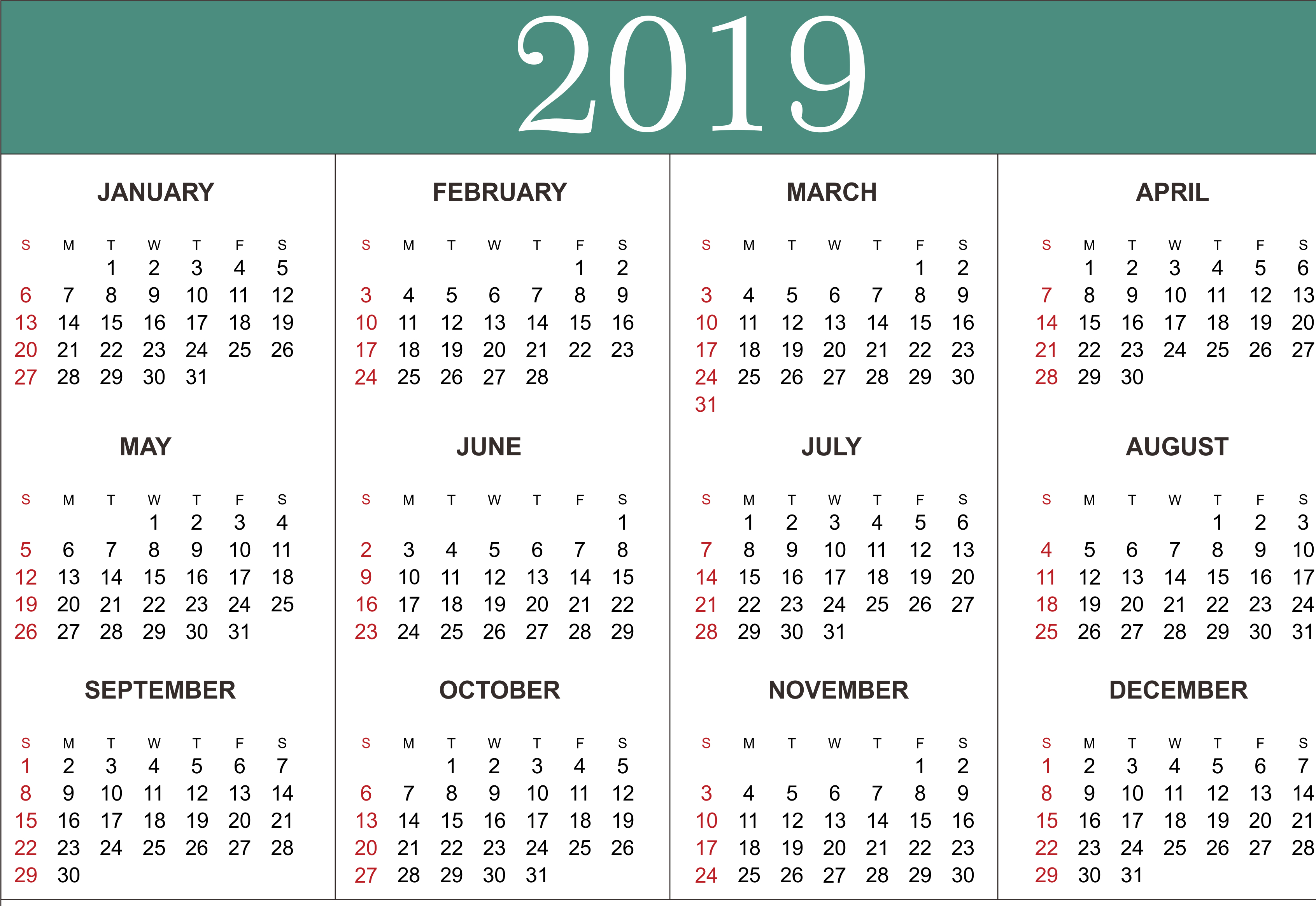 Printable Full Year Calendar