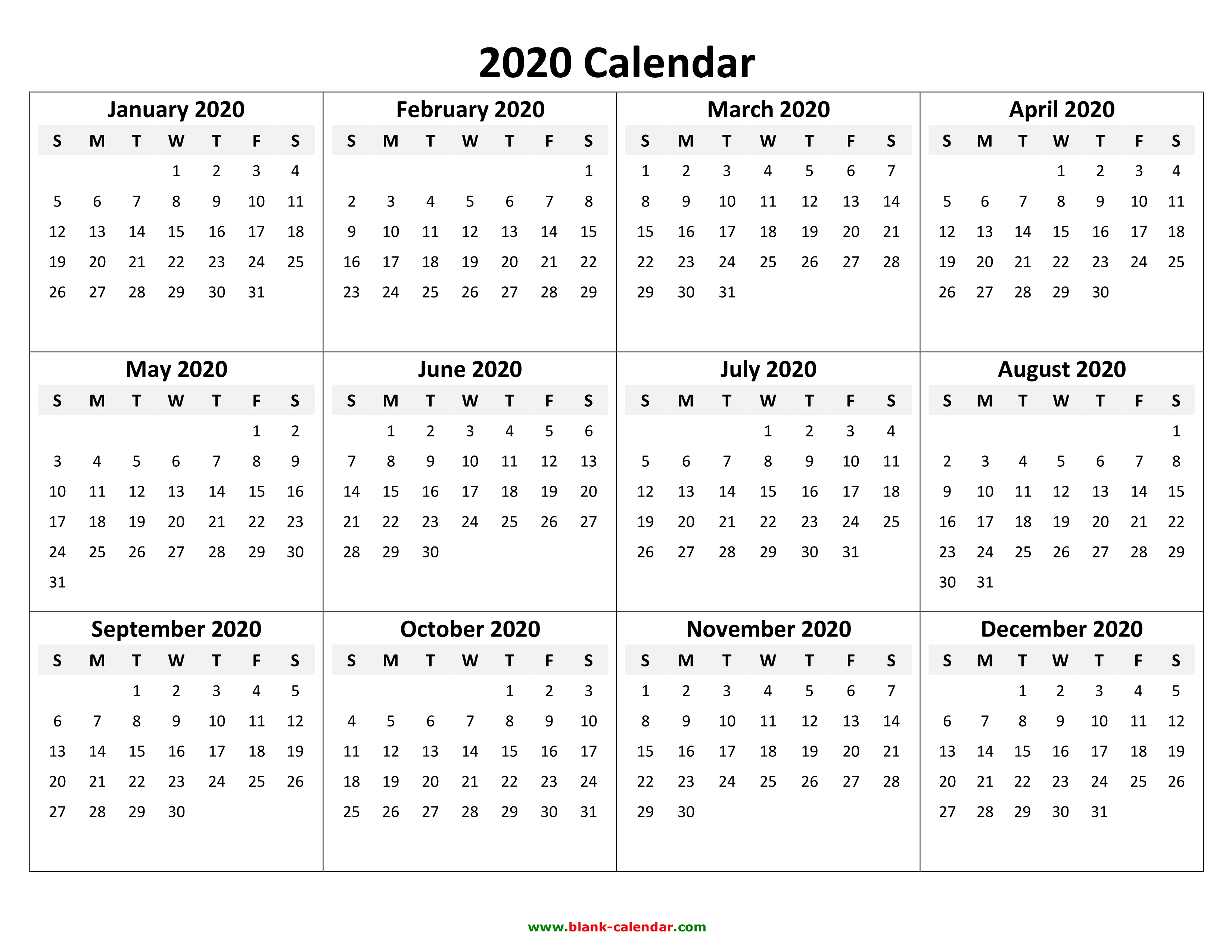 Free Yearly Calendar 2020 Printable - Wpa.wpart.co