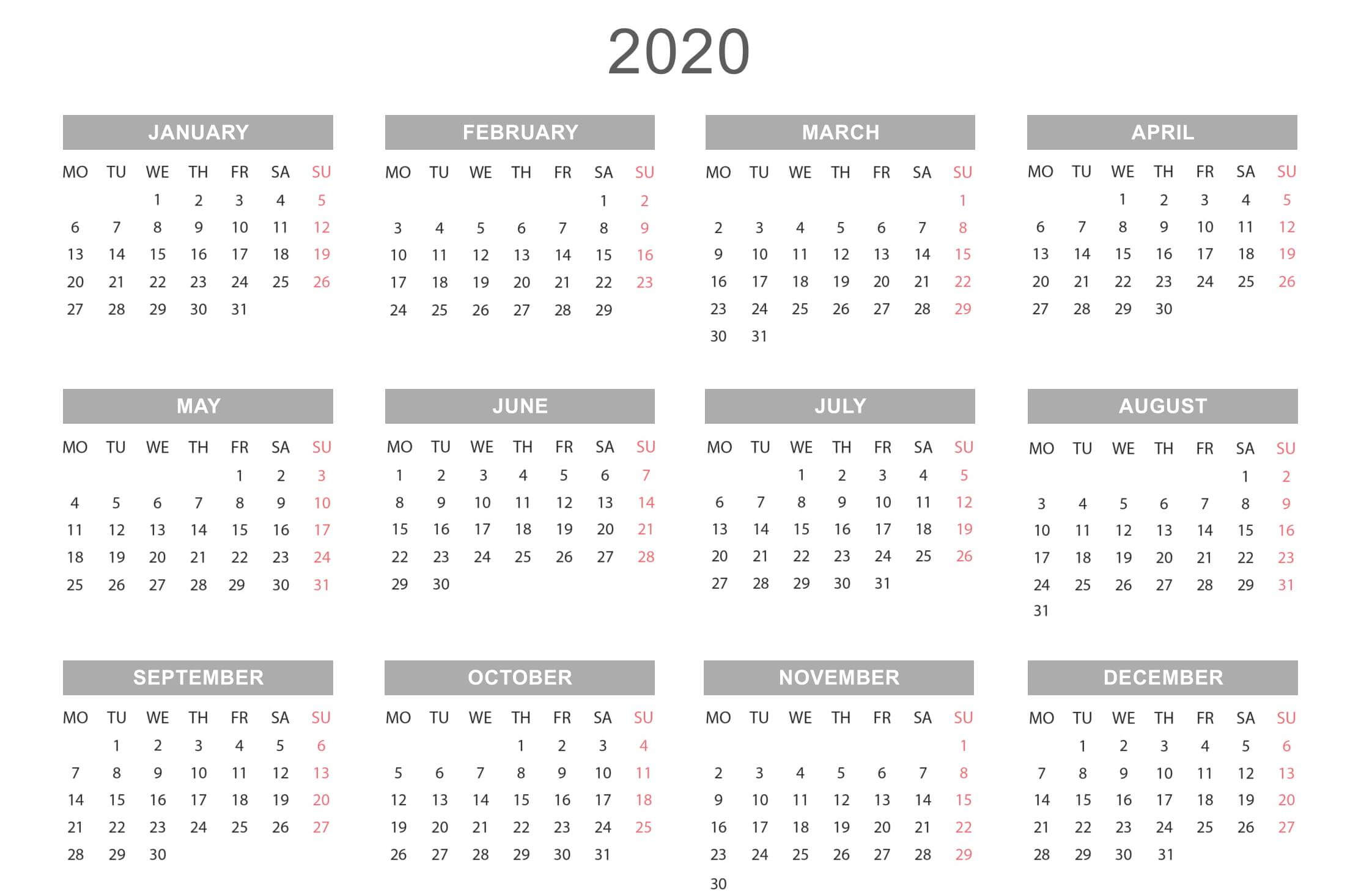 Free Yearly Calendar 2020 Template Online - Set Your Plan