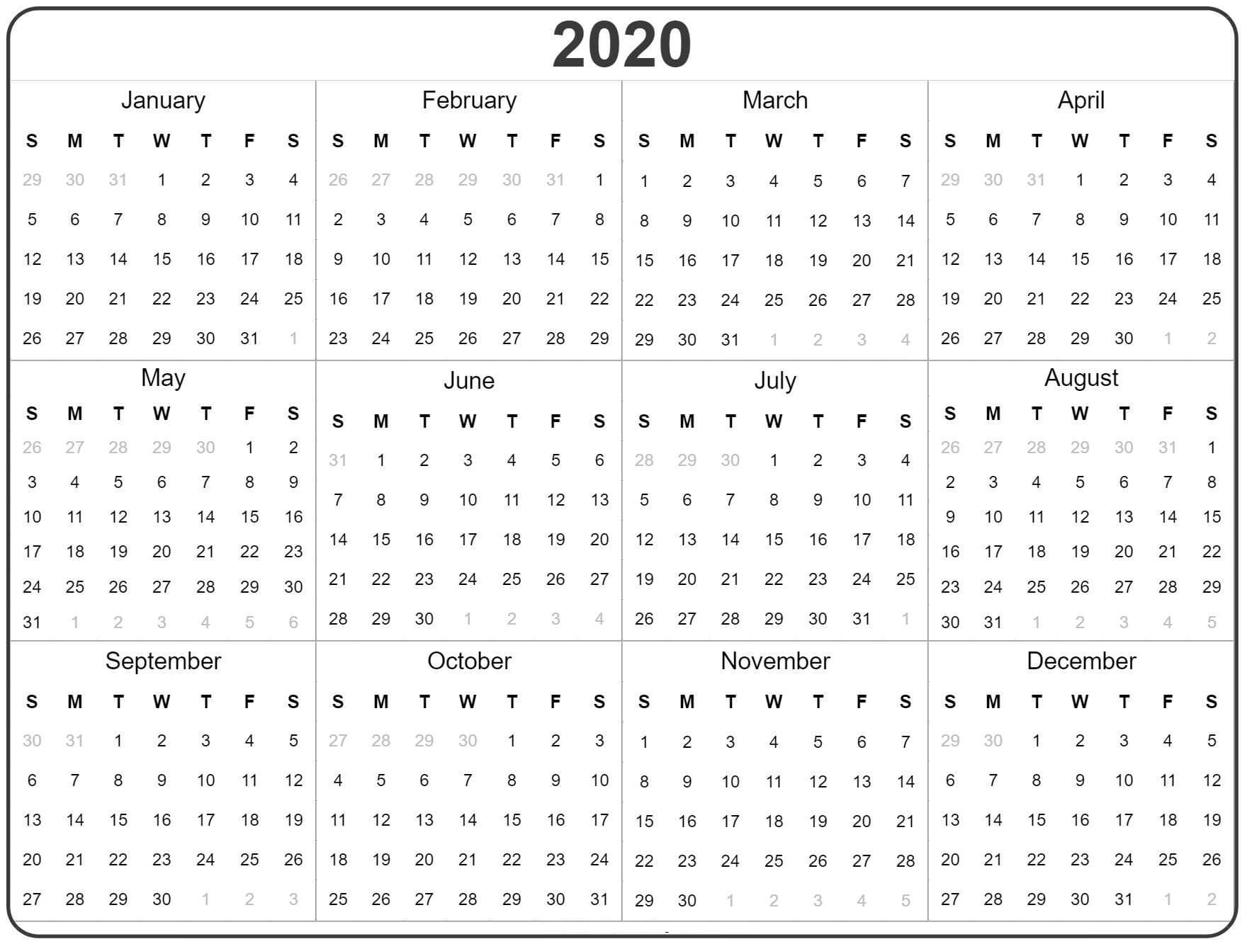 Free Yearly Calendar 2020 With Notes - 2019 Calendars For