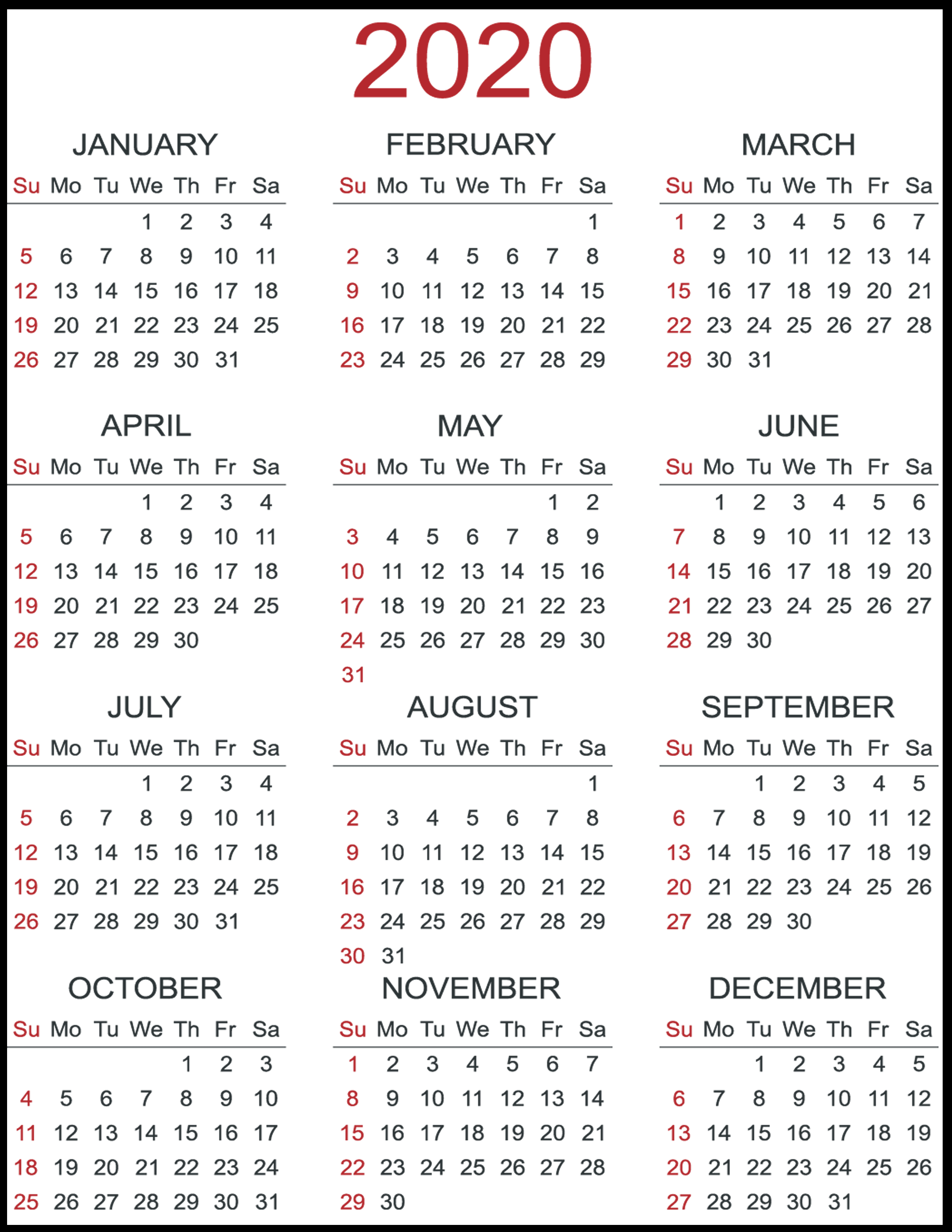 Free Yearly Calendar 2020 With Notes - 2019 Calendars For