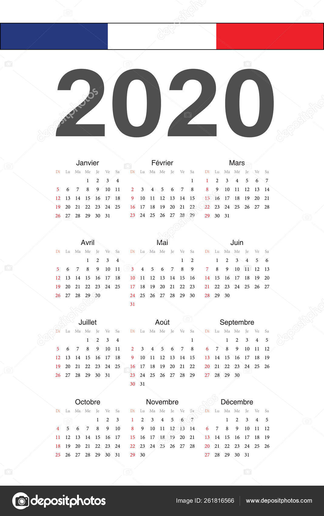 French 2020 Year Vector Calendar — Векторное Изображение