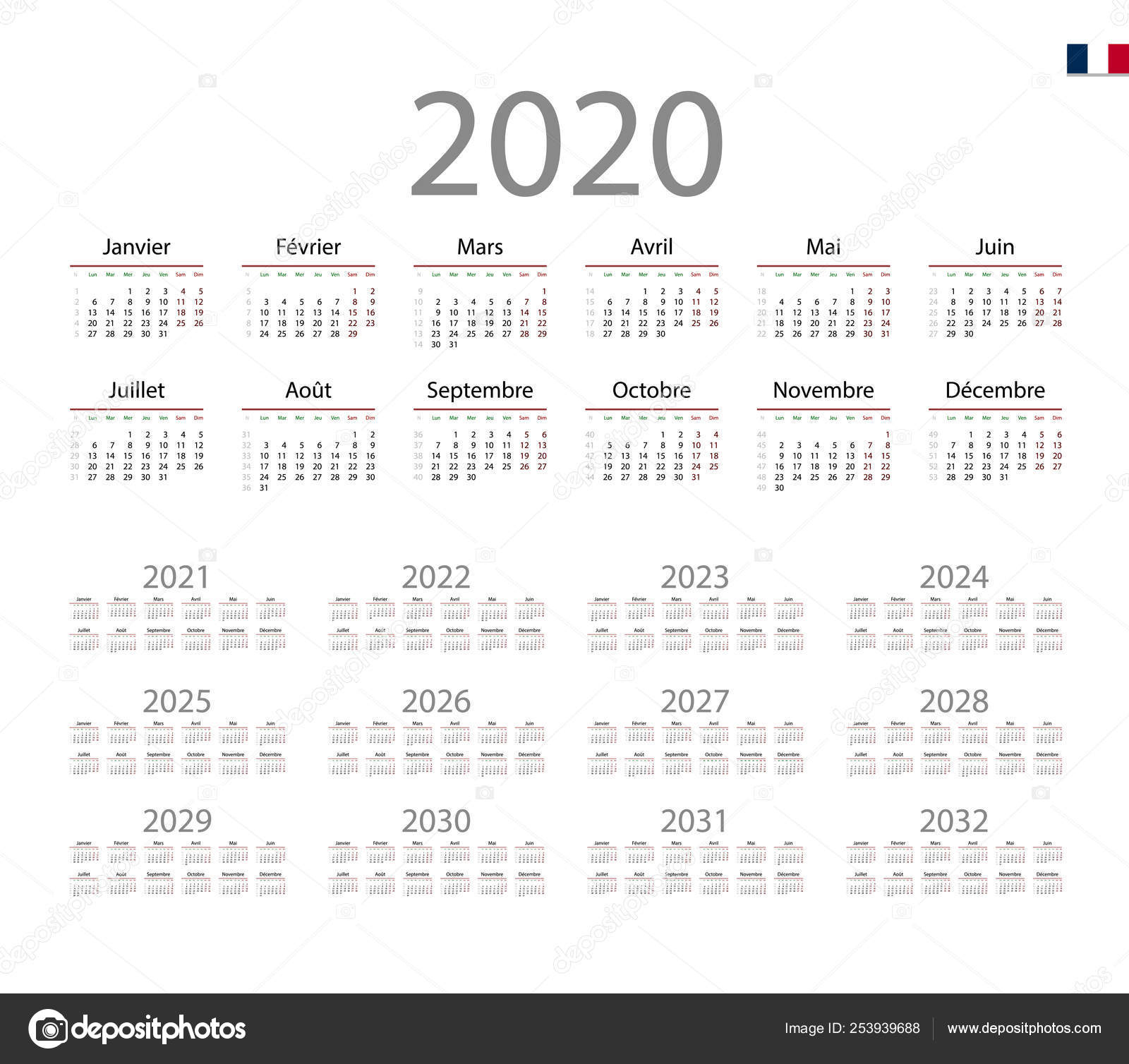 French Calendar For 2020. Week Starts On Monday — Stock