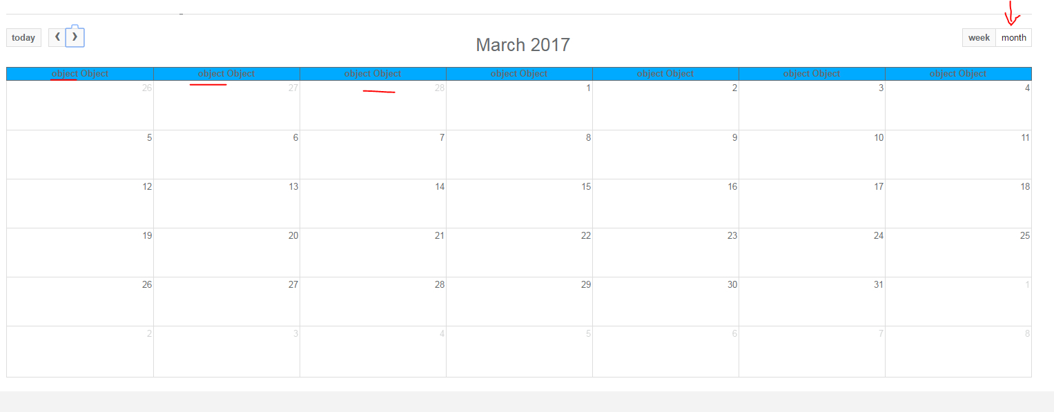 Full Calendar Month / Week View Column Header Is Object