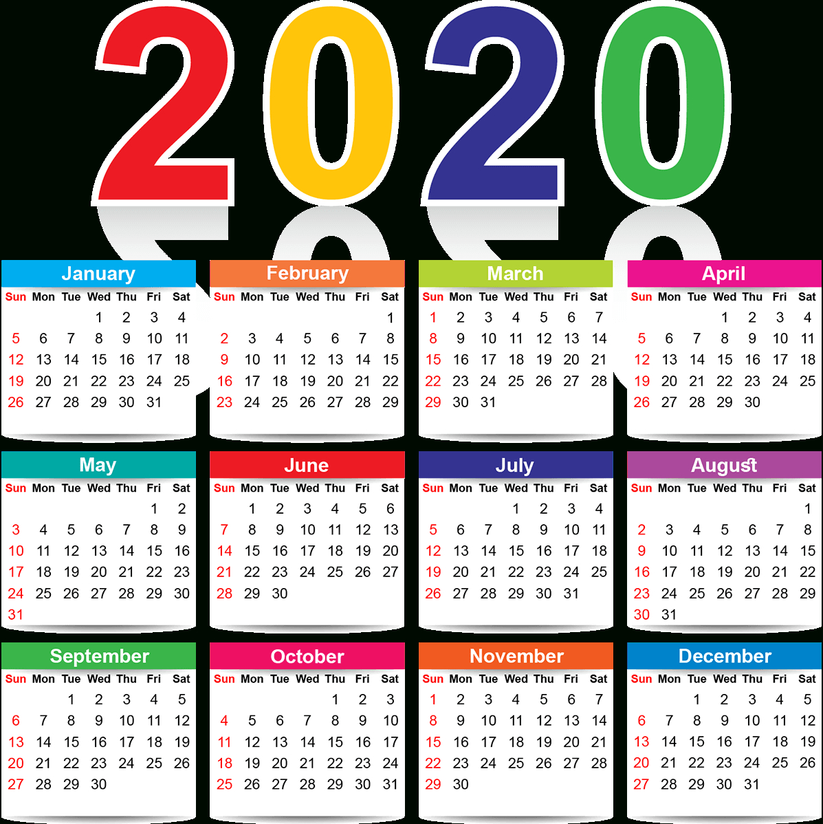 Full Page Yearly Calendar 2020 Printable Cute Excel - Set