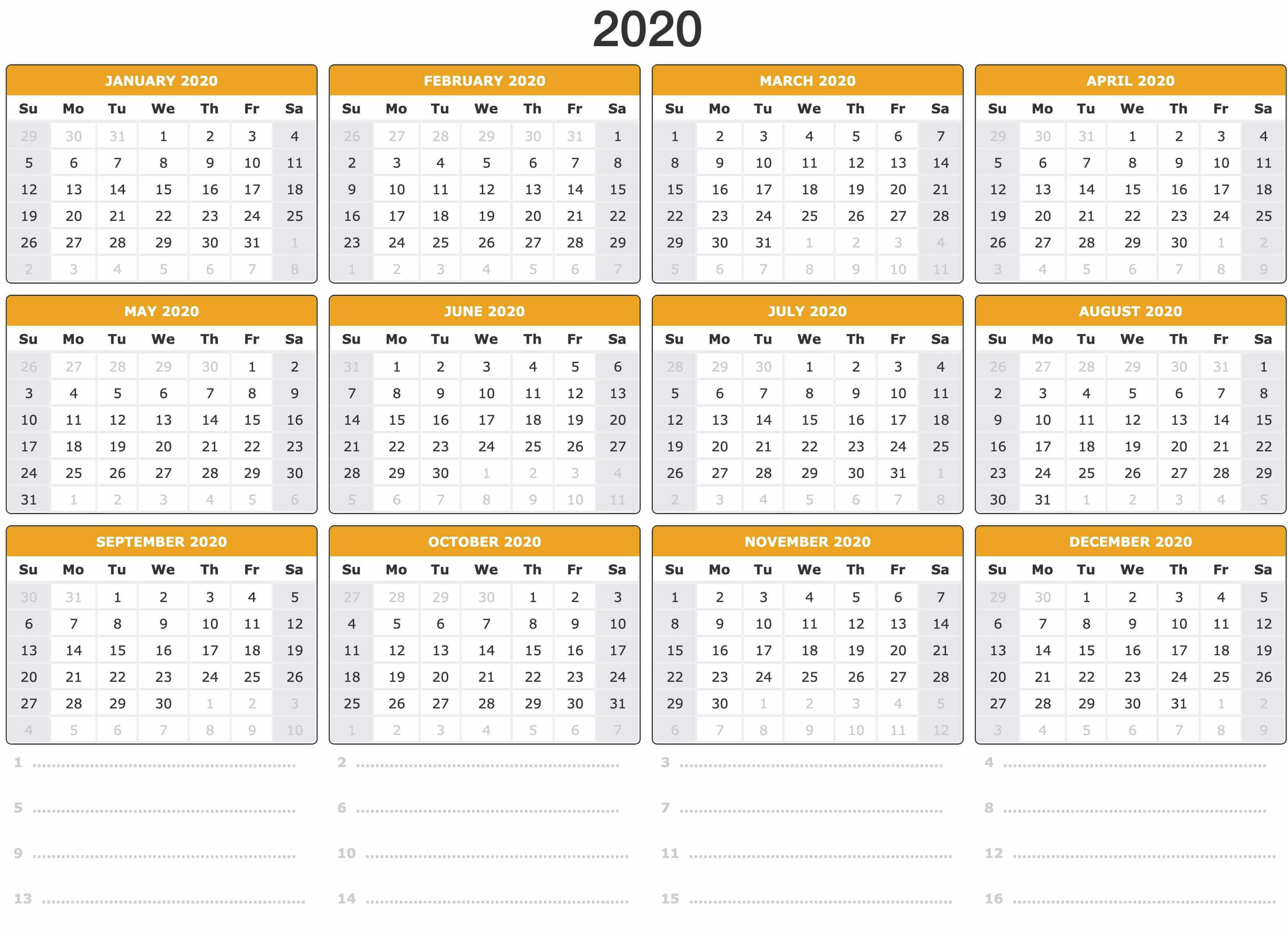 Full Page Yearly Calendar 2020 Printable Cute Excel - Set