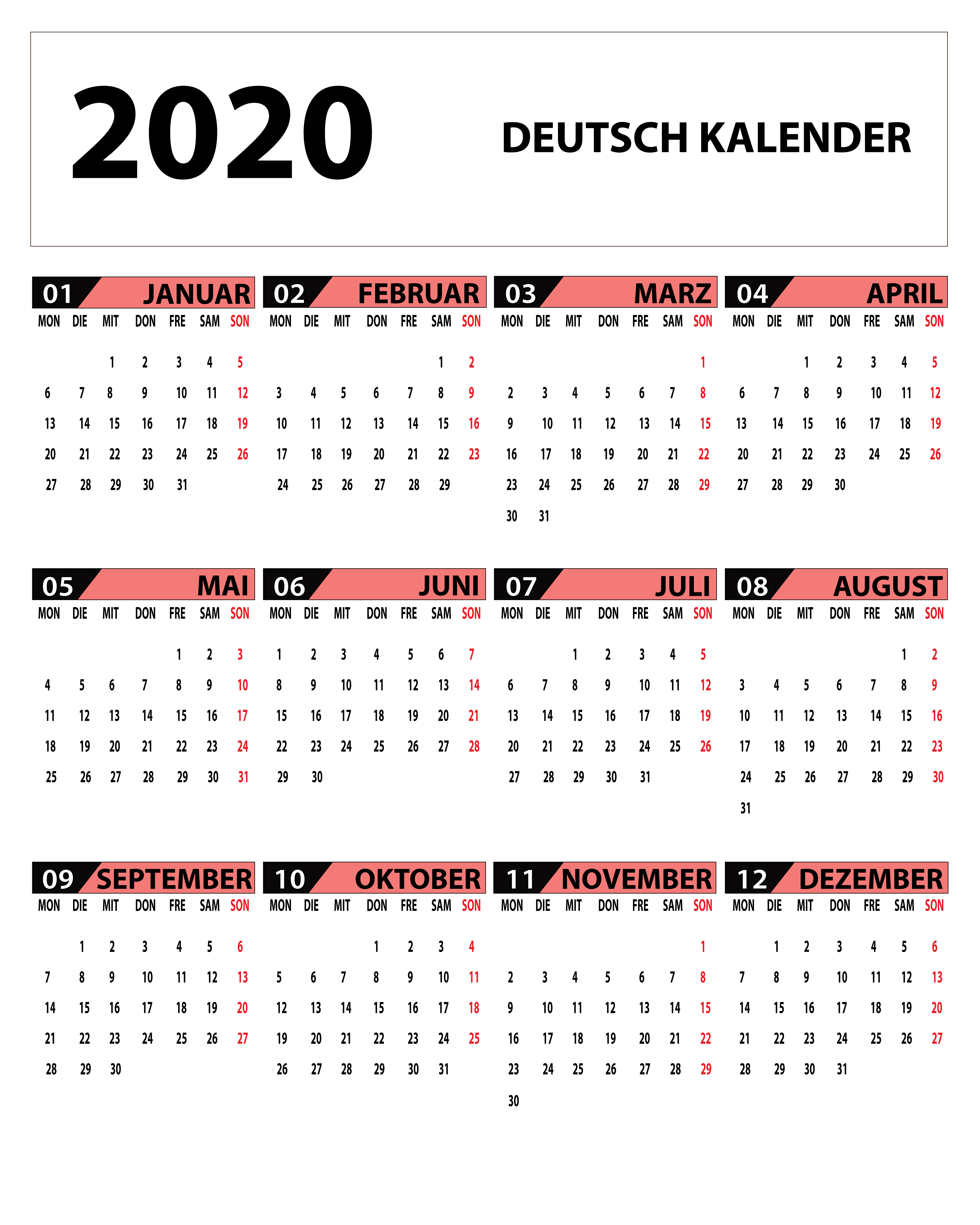 German Calendar 2020 | 2020 Kalender | Calendar Top