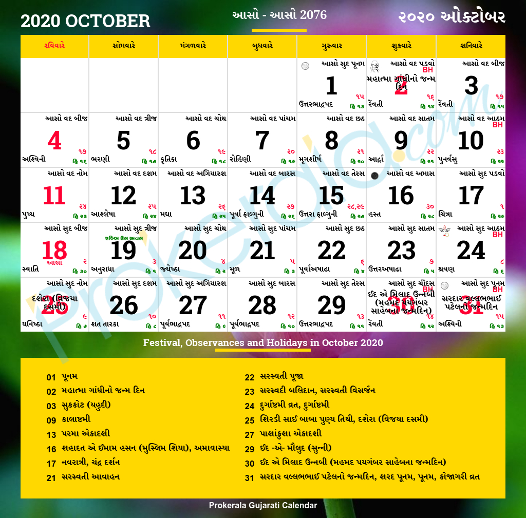 Gujarati Calendar October, 2020 | Vikram Samvat 2076, Aso, Aso