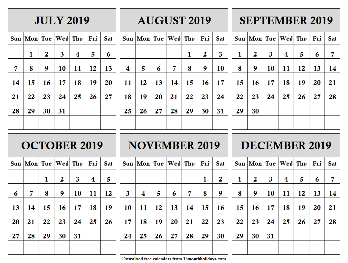 Half Year July December 2019 Calendar | Black And White Calendar